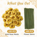 100 Pcs 3.5 Inch Gold Artificial Rose Heads With Stems, Silk Rose Faux Flower Heads Bulk For Diy Wedding Bouquets, Party Table Centerpieces, Home Decor, Craft Floral Arrangements