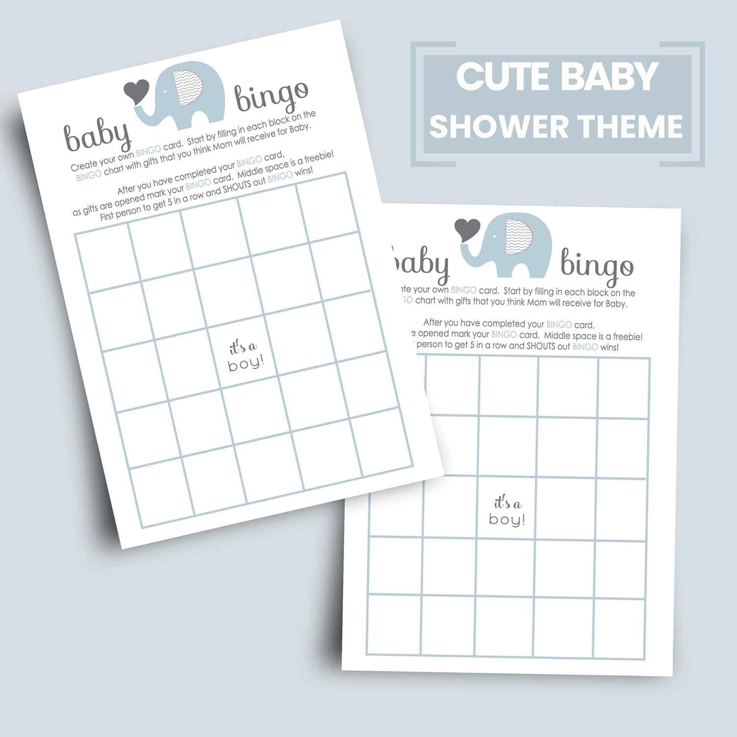 Blue Elephant Baby Shower Bingo Game - Blank Cards For Guests To Fill In Gift Guesses - Boys Jungle Animal Theme - 25 Pack