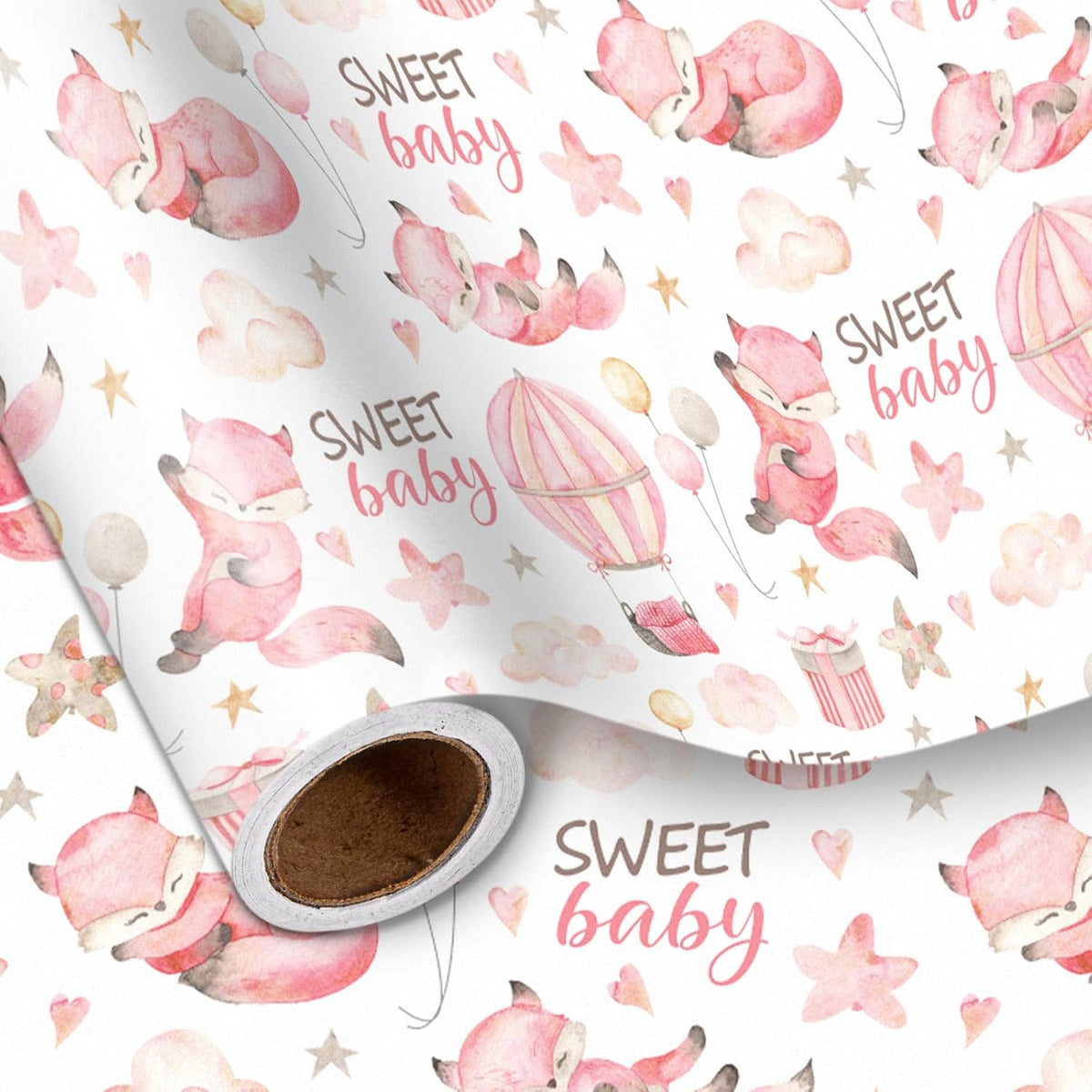 Pink Fox Wrapping Paper Roll For Kids Girls, Sweet Baby Fox With Clouds Stars Balloons Hearts Gift Wrap For 1St Baby Girl Birthday, Baby Shower, Newborn Party Gift, 17 In X 16.4 Ft