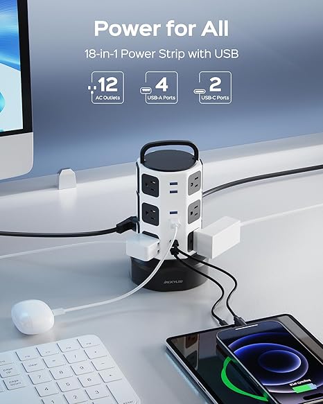 Tower Surge Protector Power Strip 12 Outlets 6 USB Ports 2 USB C 6.5FT Retractable Extension Cord 1050J