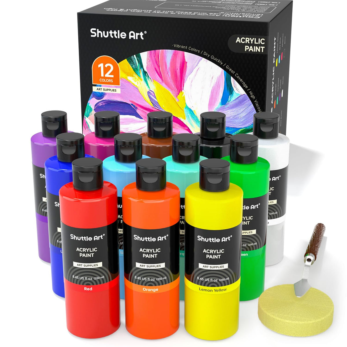 12 Colors Acrylic Paint, 250Ml/8.45Oz Bottles Acrylic Paint Set, Rich Pigments, Bulk Painting Supplies For Artists, Beginners And Kids Painting On Rocks Crafts Canvas Wood