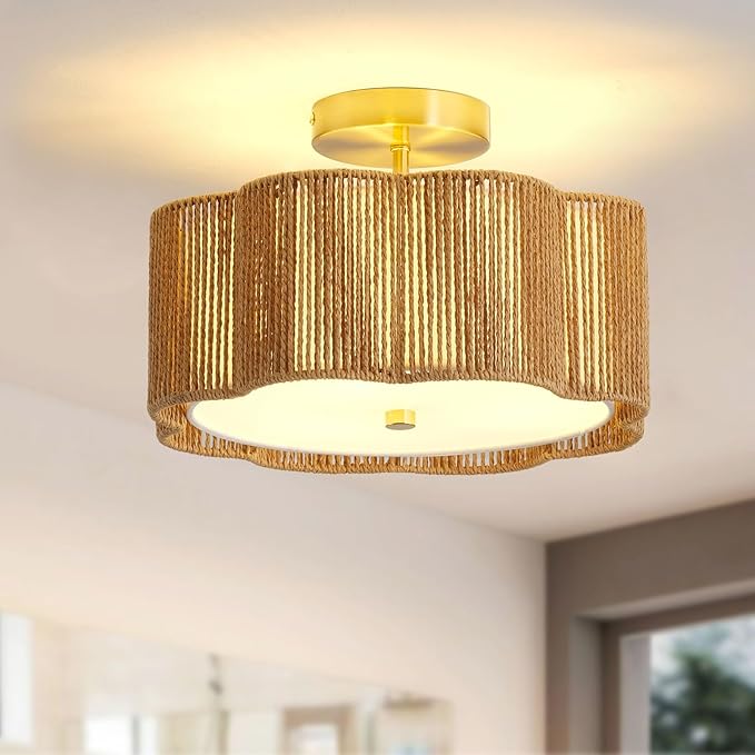 3 Light Boho Rattan Ceiling Light Flush Mount Modern Woven Chandelier Fixture