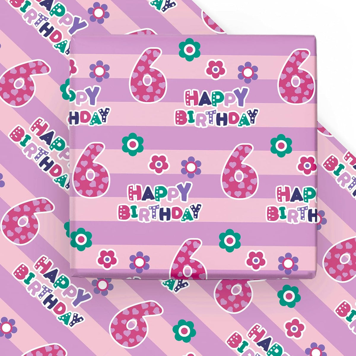 6Th Birthday Wrapping Paper Sheet - 6 Sheets Pink Happy Bday With Floral Design Folded Flat For Birthday, Party, Baby Showers - 19.7 Inch X 27.5 Inch Per Sheet