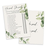 Greenery Bridal Shower Games Cards, He Said She Said Game Cards Reception For Wedding Showers Engagement Party Bachelorette Party, Bridal Party Games For Decorations Favors Supplies, Set Of 25-05