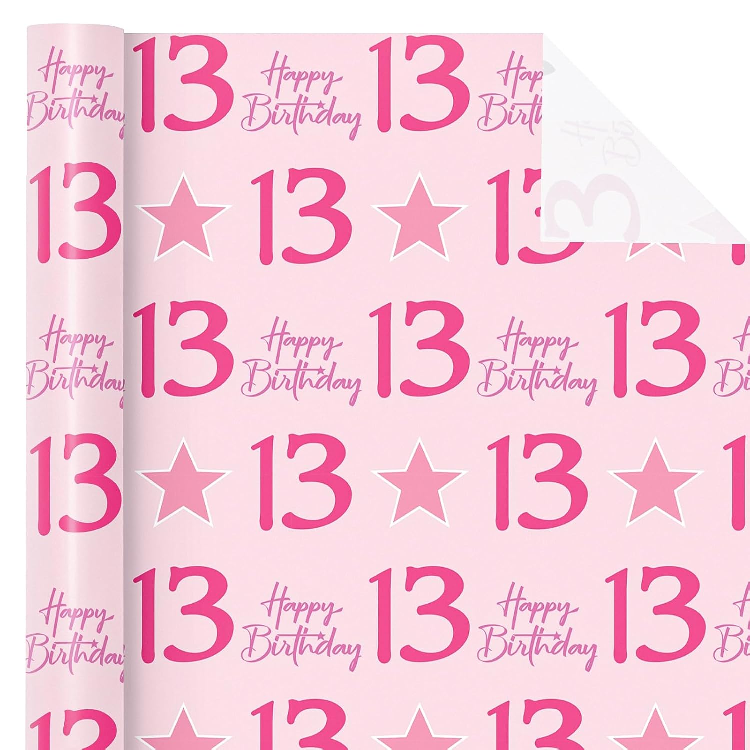 Girl 13Th Birthday Wrapping Paper - Mini Roll - 17 Inch X 16.5 Feet - Teen Girl Pink Stars With 13 Happy Birthday Design Perfect For Party, Holiday