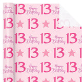 Girl 13Th Birthday Wrapping Paper - Mini Roll - 17 Inch X 16.5 Feet - Teen Girl Pink Stars With 13 Happy Birthday Design Perfect For Party, Holiday
