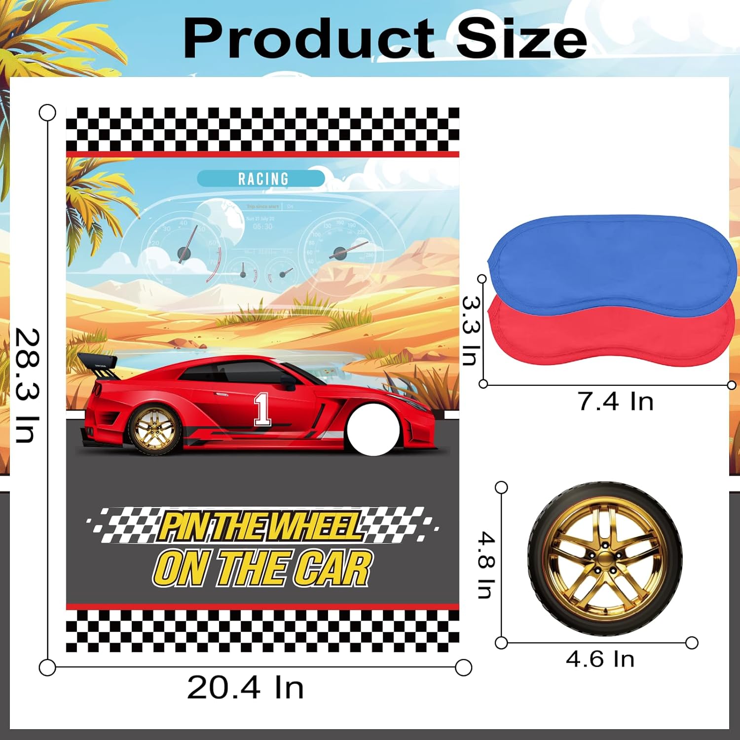 Pin The Wheels On The Car Games, Cars Party Game With 30 Gold Tyres Stickers, 2 Blindfolds For Car Theme Birthday Party