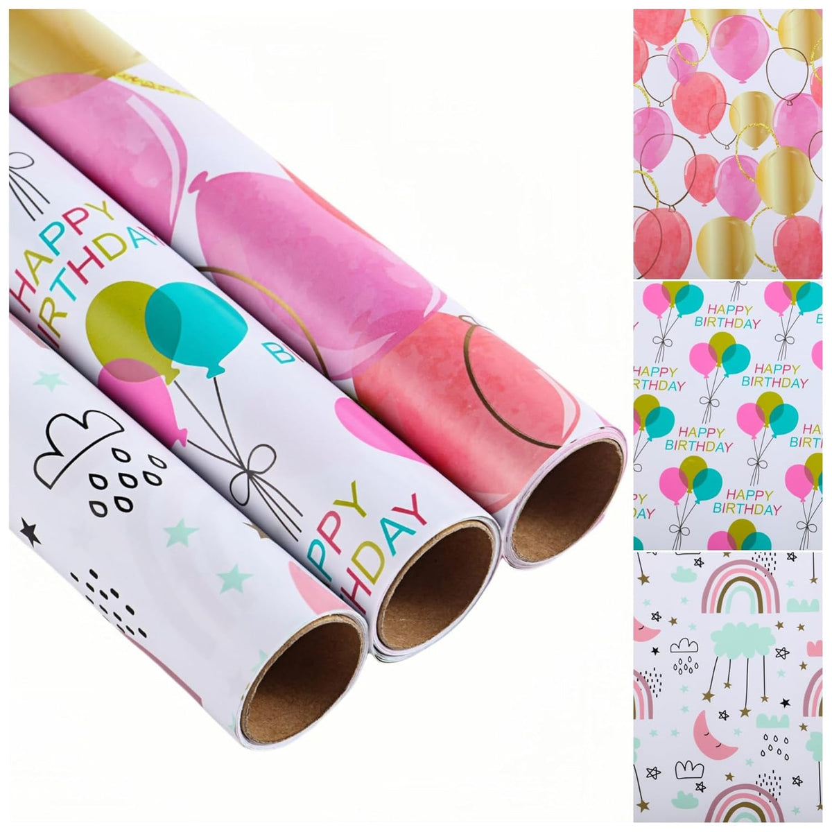 Gift Birthday Wrapping Paper, 3 Mini Rolls, 17 Inch X 9.8 Feet, Balloons, Rainbow And Sky Elements Design For Birthday, Valentines, Mothers Day, Celebration, Holiday, Party, Baby Shower