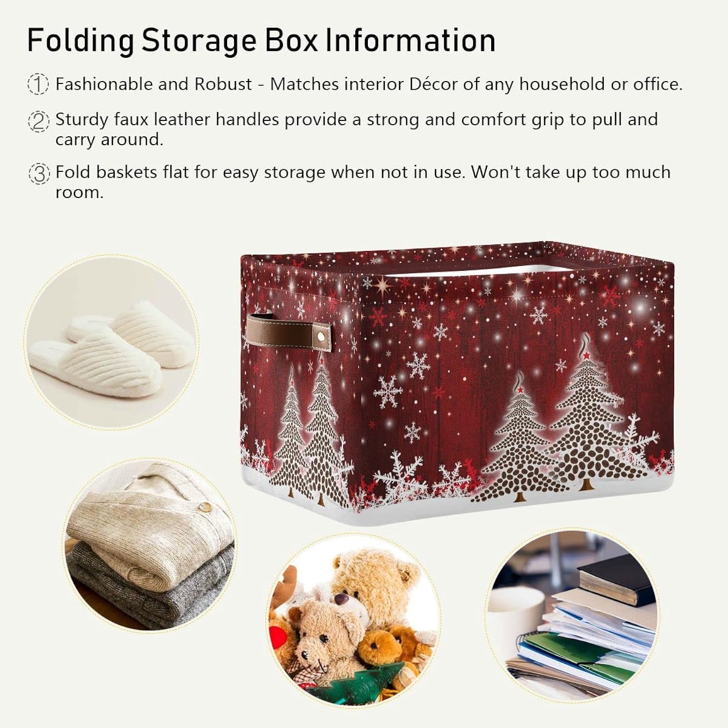 Christmas Tree Red Storage Basket Fabric Laundry Baskets Winter Snowflake Snowman Xmas Storage Boxes Organizer Bag For Baby Cloth Dog Toy Book Storage Cubes Shelf Closet Bins 16×12×8 Inches
