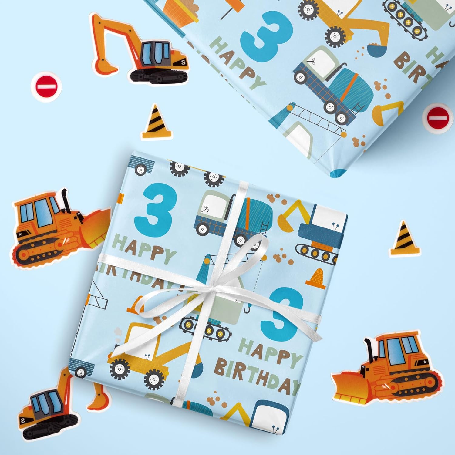 Blue Cartoon Cars & Trucks Birthday Wrapping Paper - 17" X 16.4Ft - 3Rd Birthday Boys