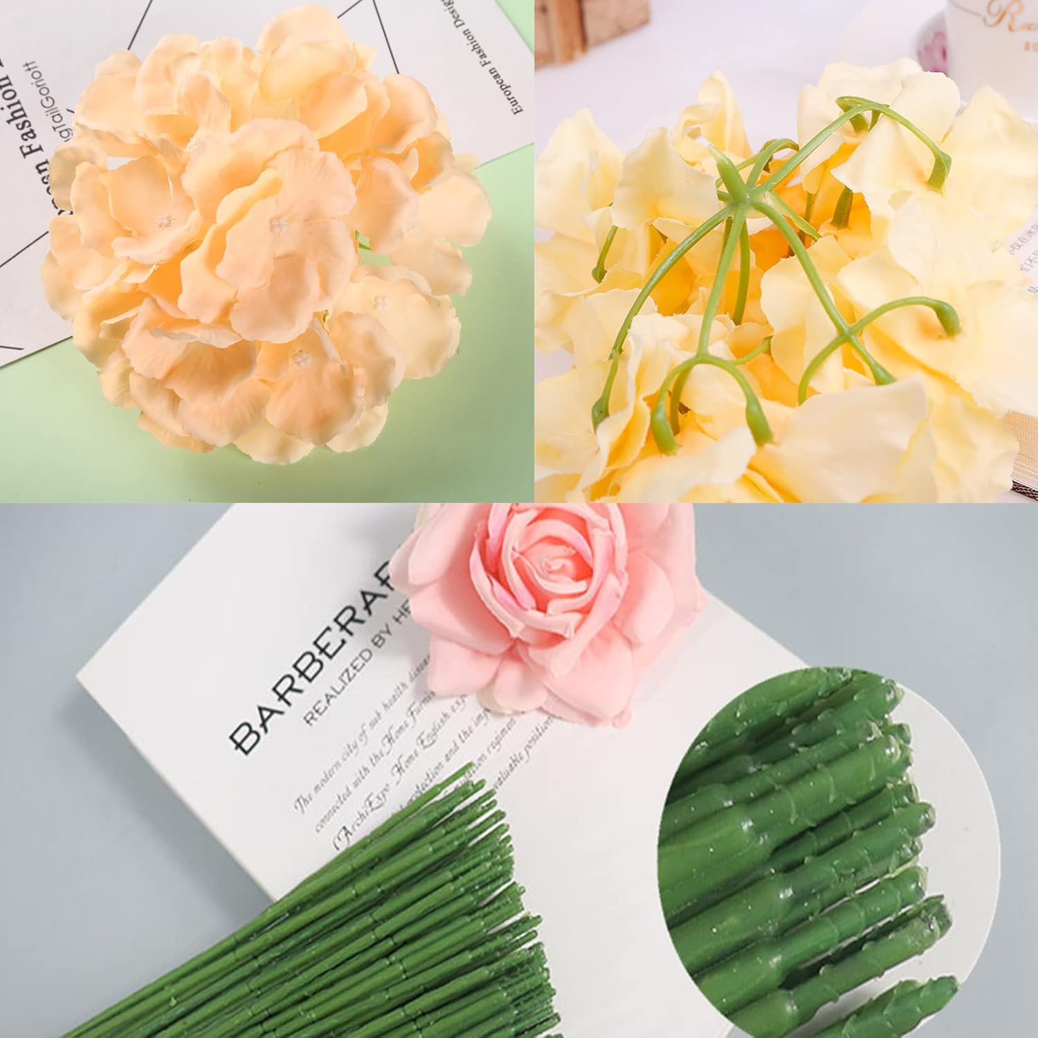 Silk Hydrangea Heads 30 Pcs Artificial Flowers Only Heads No Stems Fake Hydrangea Flowers For Home Wedding Decor No Stems (Light Yellow)