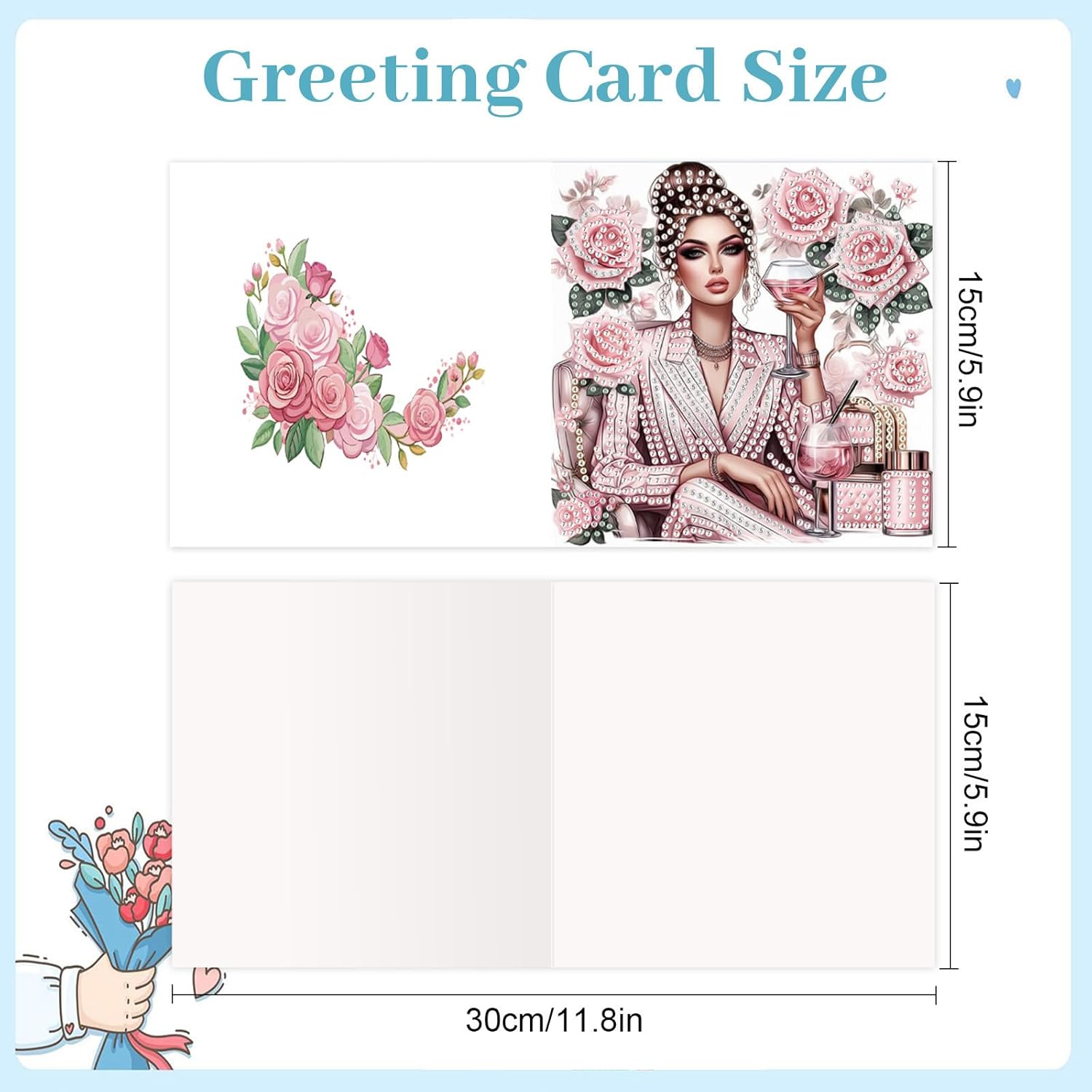 6 Pack 5D Diamond Painting Greeting Cards, Elegant Woman With Floral Design Diy Diamond Art Cards With Envelopes, Handmade Rhinestone Birthday Wedding Thank You Cards For Adults