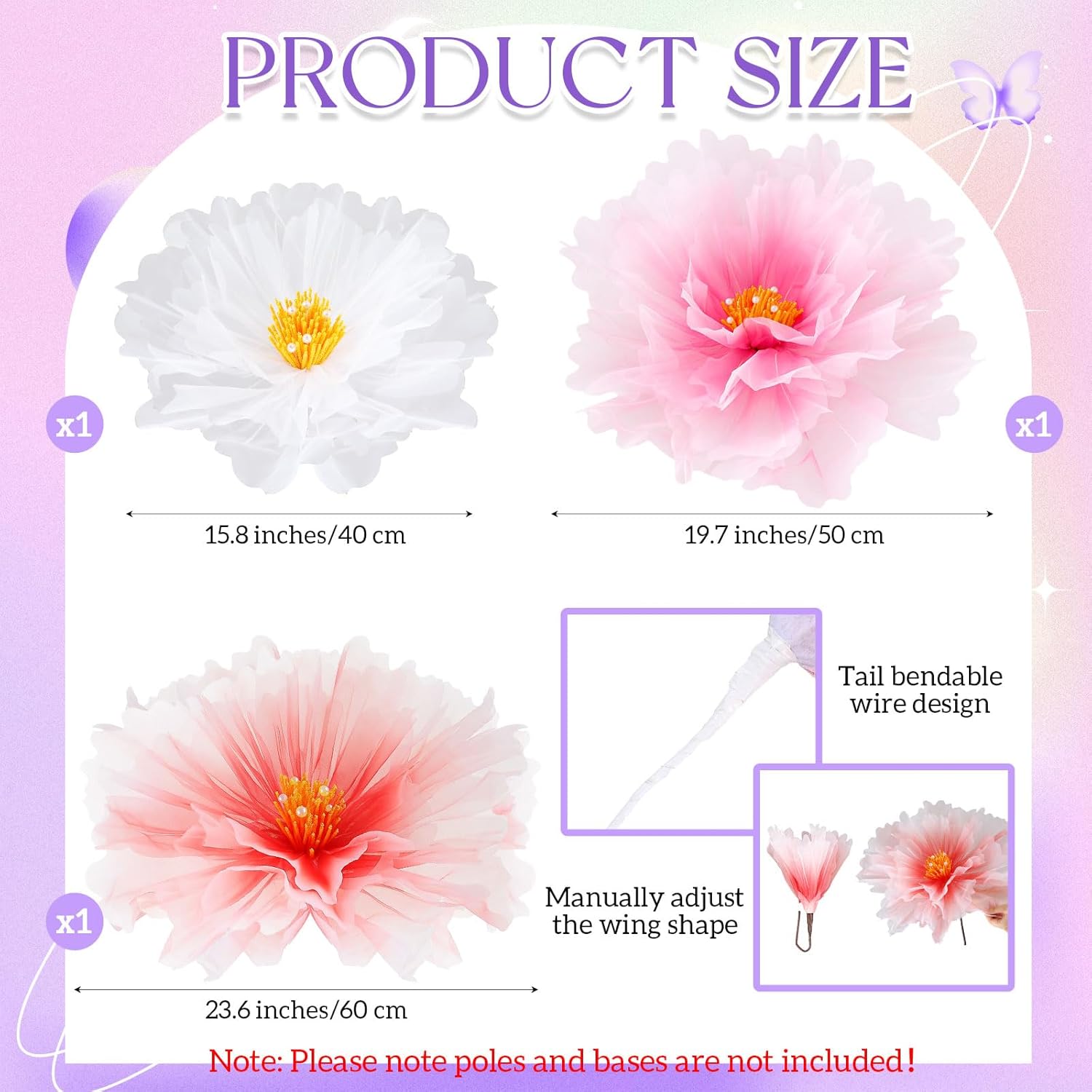 3Pcs 19.7In Giant Flowers Decoration, Artificial Gauze Large Flower Prop For Valentines Day Decorations Wedding Reception Banquet Ceremony Church Party, White Pink And Purple