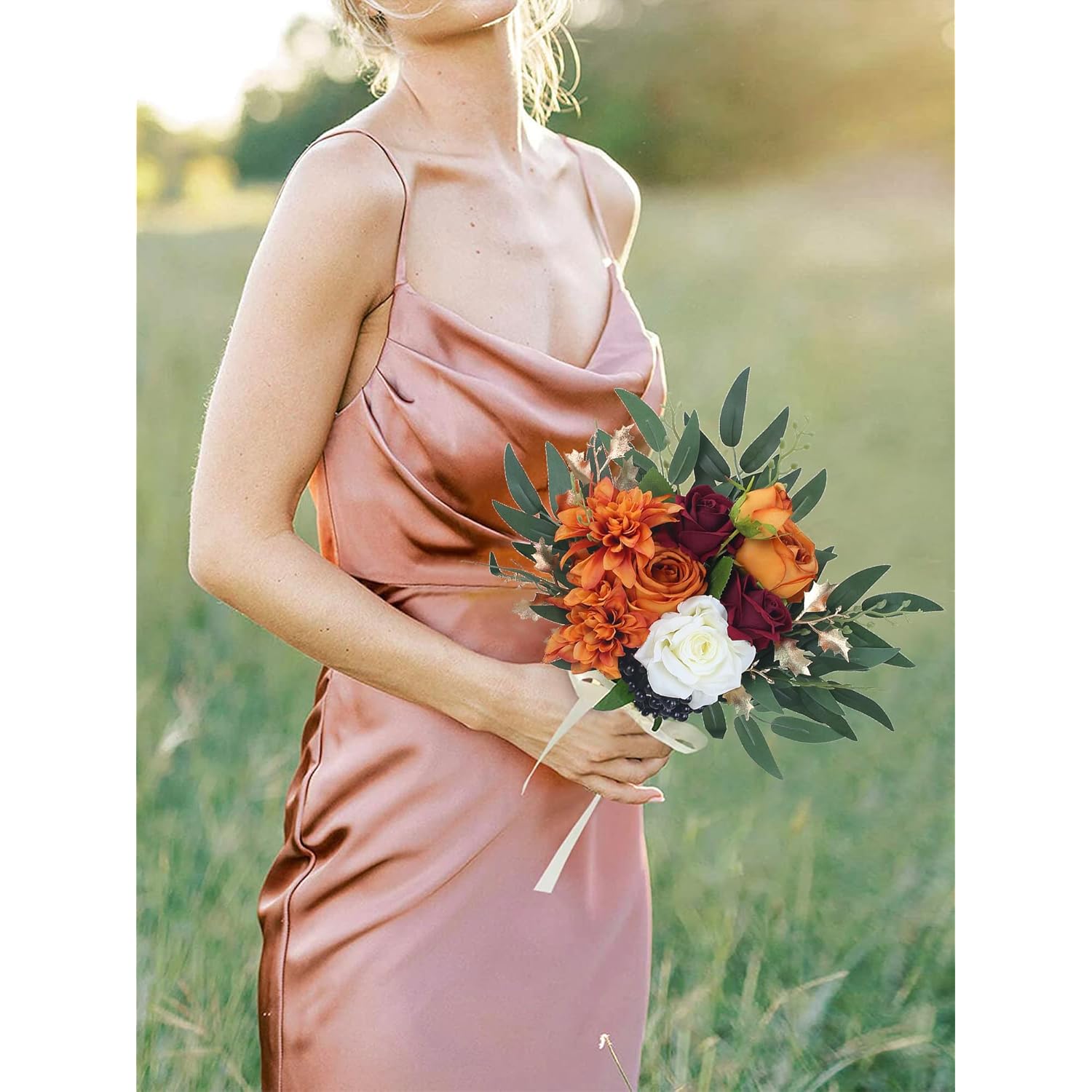 Set Of 2 Fall Wedding Bouquets For Bridesmaids Burnt Orange Bridesmaid Artificial Flowers Terracotta Bouquet Wedding Ceremony Terracotta
