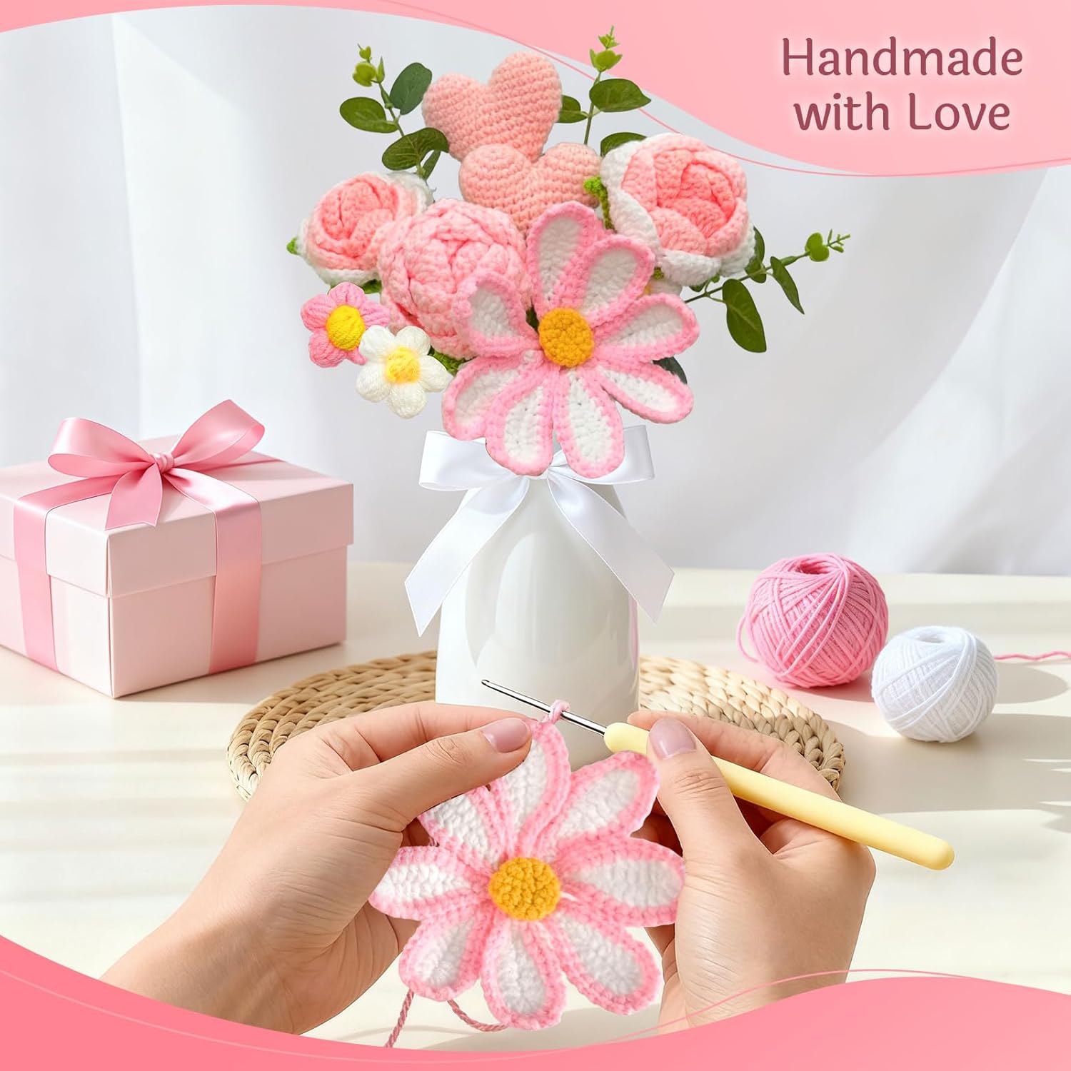 Crochet Flowers Bouquet With Lights,Pink Knitted Flowers,Handmade Crochet Roses, Heart,Gesang Flower, Wedding, Birthday, Anniversary, Mother’S Day For Her,Girlfriend Graduation Gift(Includes Card)