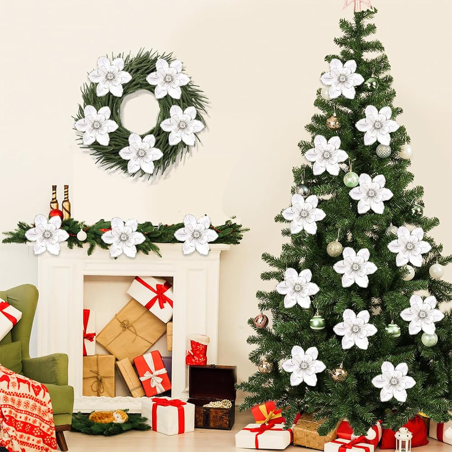 10Pcs Christmas Magnolia Flowers White Silver Artificial Flowers For Holiday Party Home Vase Decoration Glitter Velvet Magnolia Stems For Christmas Tree Wreath Decor