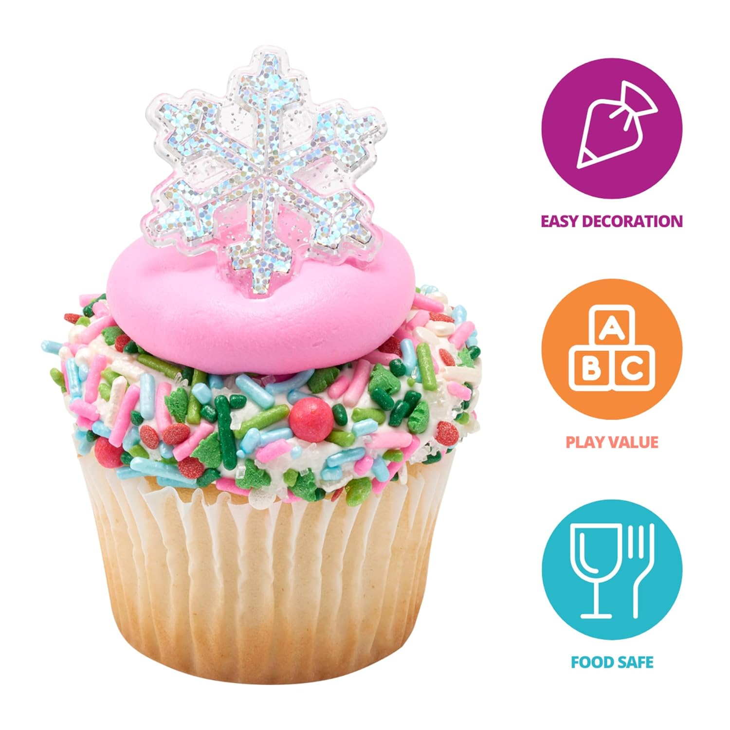Snowflake Rings, Sparkly Glitter Cupcake Decorations, Snow Cupcake Toppers For Festive Christmas, New Year, And Winter Treats, Food Safe & Ready To Use – 24 Pack