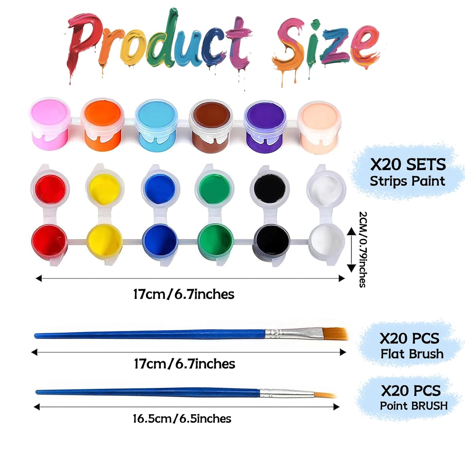 20 Pack Mini Acrylic Paint Set, 12 Colors Washable Paint Strips For Kids & Adults - Includes 40 Brushes (20 Flat + 20 Pointed), 280 Pcs Kids Paint Kits For Easter Eggs, Birthday, Classroom Party
