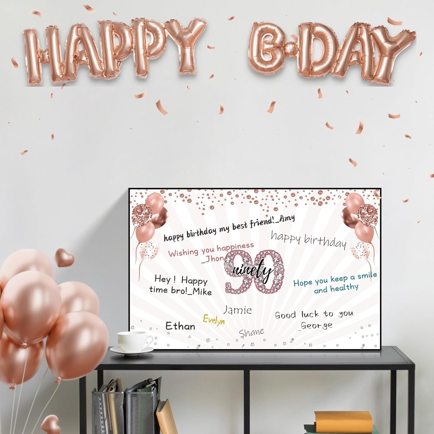 Large 90Th Birthday Card For Women With Envelope, Black Rose Gold Happy 90Th Birthday Guest Book Gifts Jumbo Ninety Greeting Card Back In 1936 Decorations Party Supplies