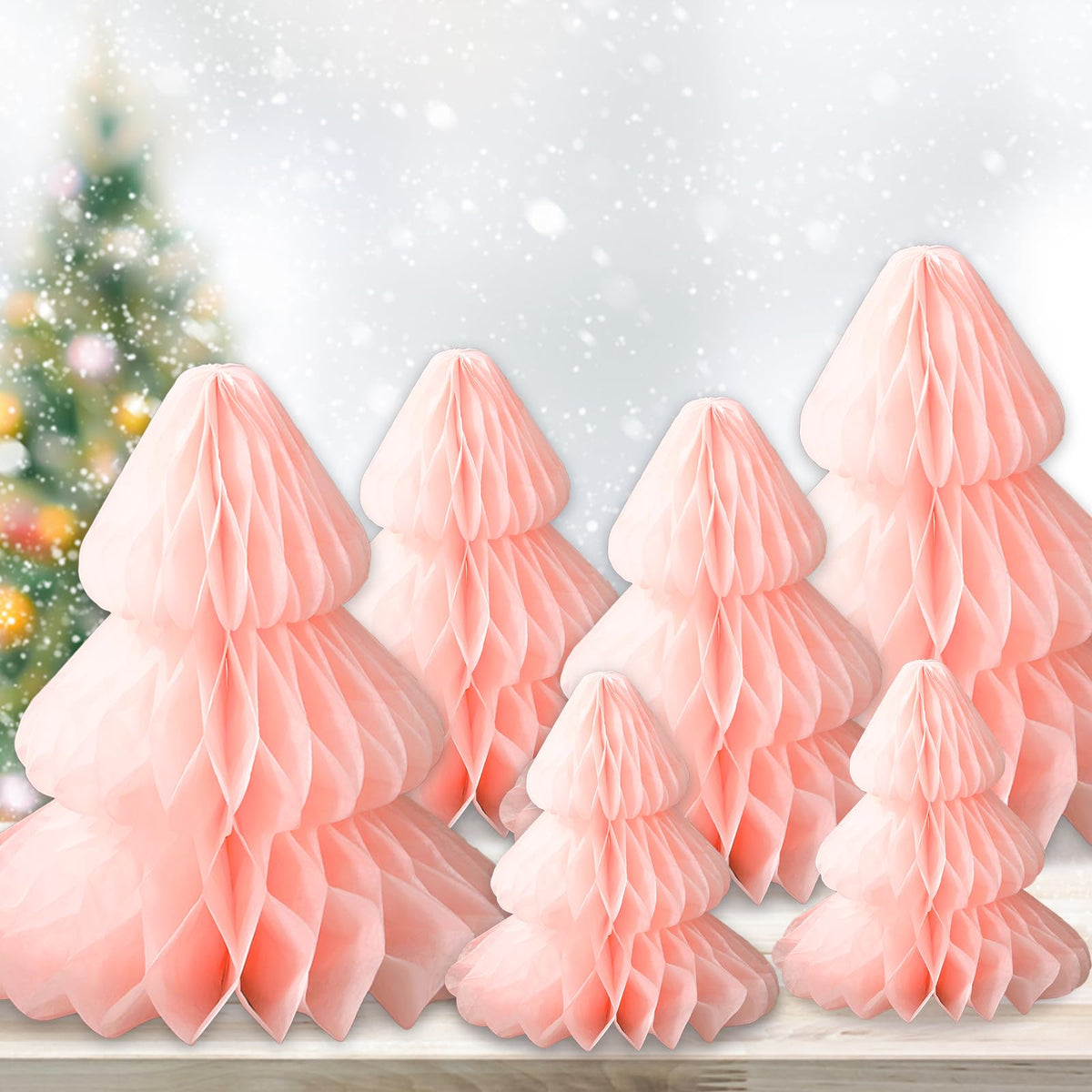 6Pcs Christmas Honeycomb Paper Tree 3D Xmas Centerpieces Pink Table Toppers for Holiday Party Home Decorations, 8", 10", 12"