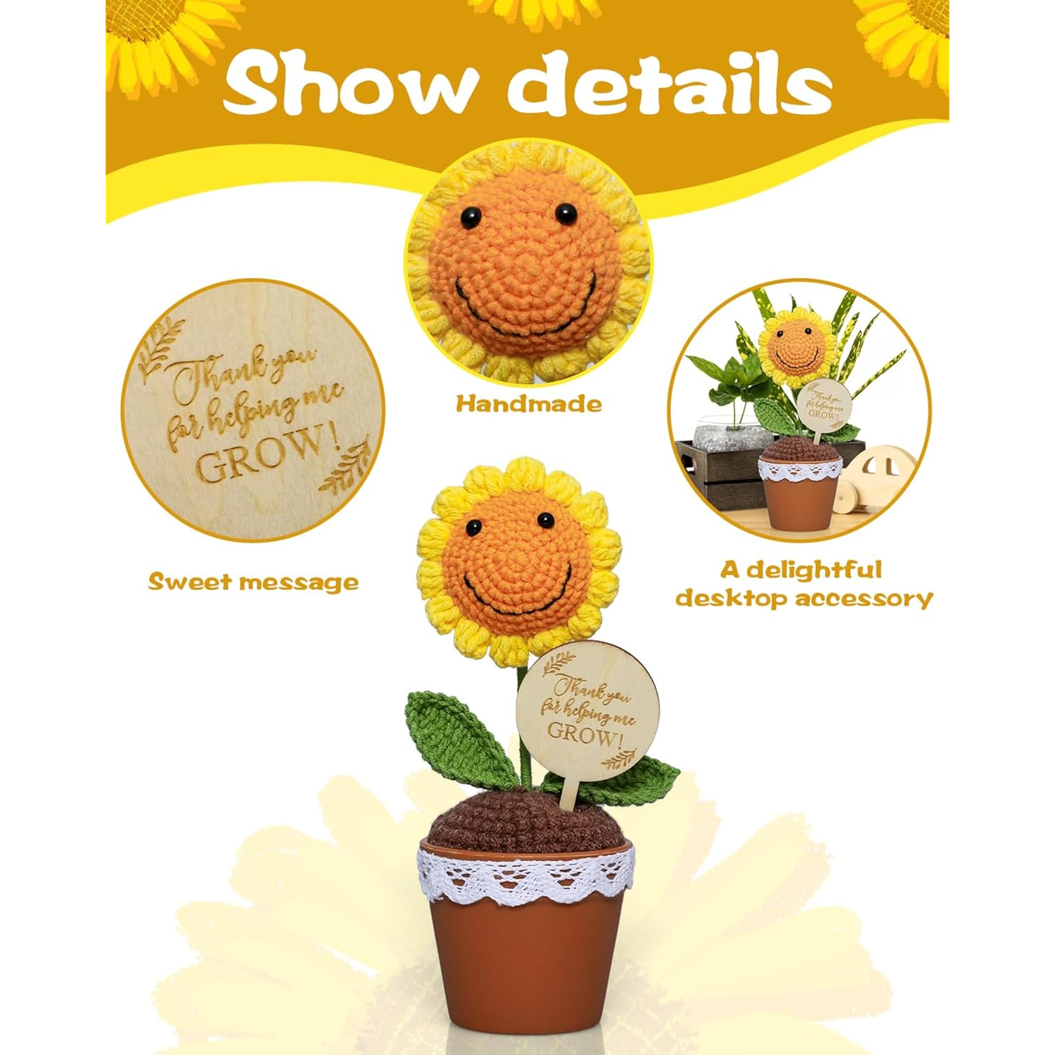Thank You Crochet Flowers Mini Potted Plant Artificial Flowers – Thank You For Helping Me Grow – A Heartfelt Keepsake For Teacher/Mom/Dad/Appreciation Present