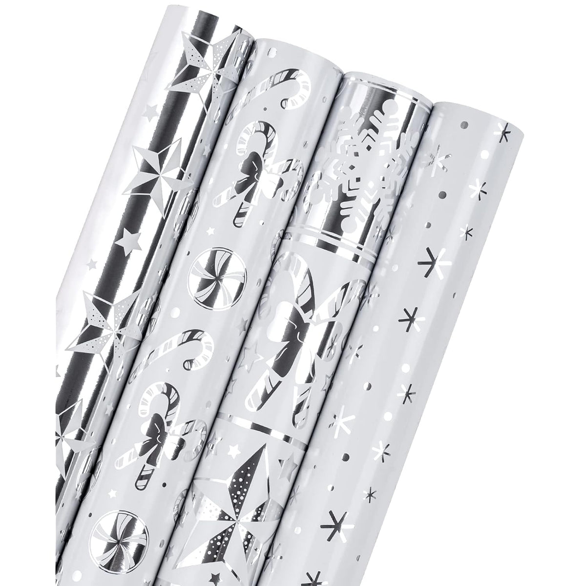 30 Inch Silver Christmas Wrapping Paper Roll - Jumbo Roll Silver Snowflakes, Candy Cane Holiday Collection With Metallic Foil Shine - 4 Rolls - 30 Inch X 120 Inch Per Roll