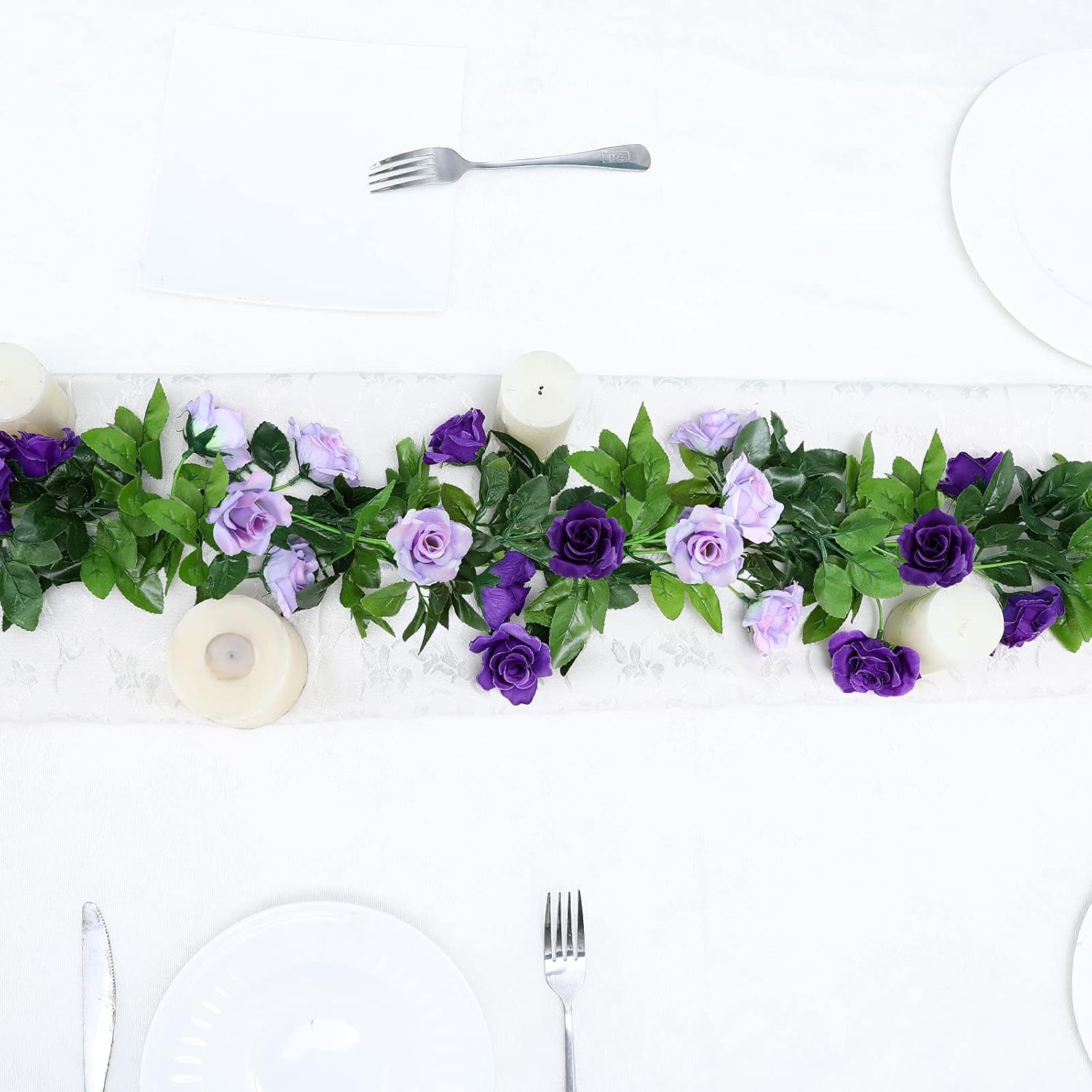 2 Pack Artificial Flower Garlands 15.8Ft Fake Rose Vines Silk Flowers Hanging Rose Ivy For Wedding Arch Party Home Garden Wall Decor (Purple)