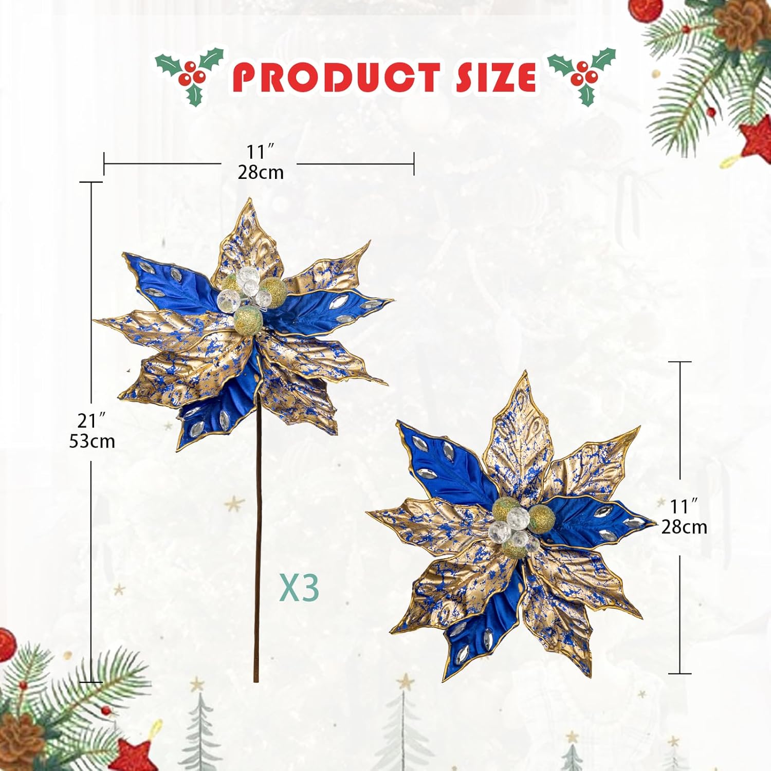 3Pcs Poinsettia Christmas Flowers Artificial 11" Large Blue And Gold Glitter Poinsettia Flowers Christmas Tree Ornaments Floral Picks For Tree Wreath Garland Vase Table Centerpiece Home Decor