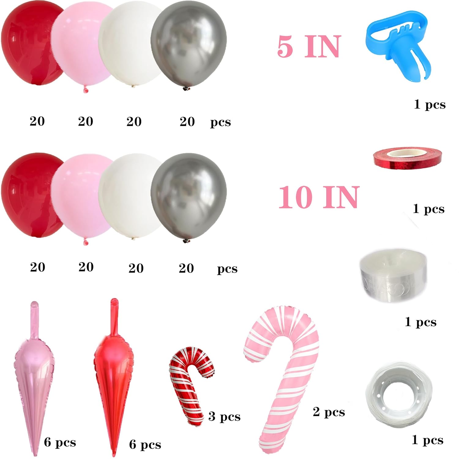 181Pcs Christmas Balloons Garland Kit With White Sliver Red Pink Candy Foil Balloons,Red Pink Explosion Star Foil Balloons For Xmas Birthday Party Or New Year Party Decorations