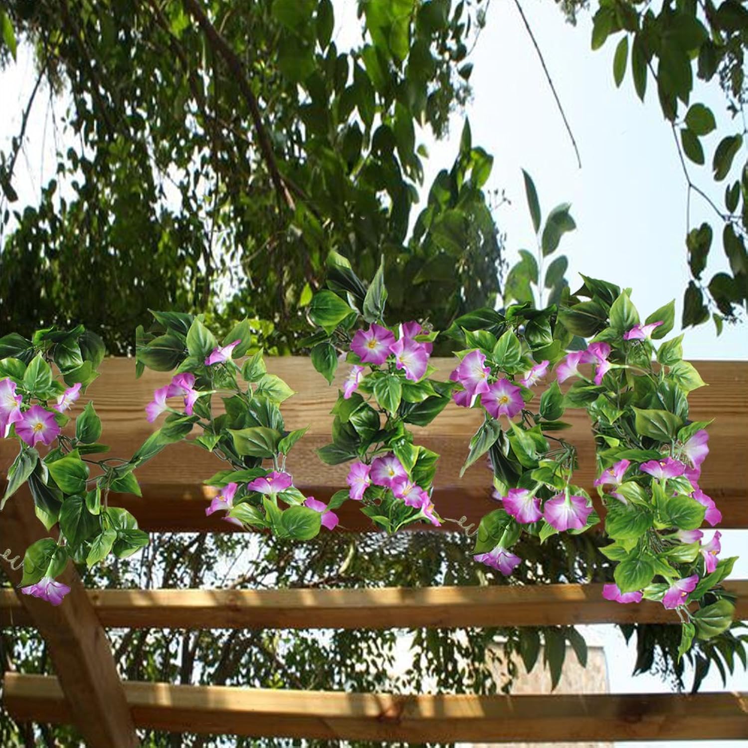 2Pcs Artificial Vines,15Feet Morning Glory Hanging Plants Silk Garland Fake Green Plant Home Garden Wall Fence Stairway Outdoor Wedding Hanging Baskets Decor Purple