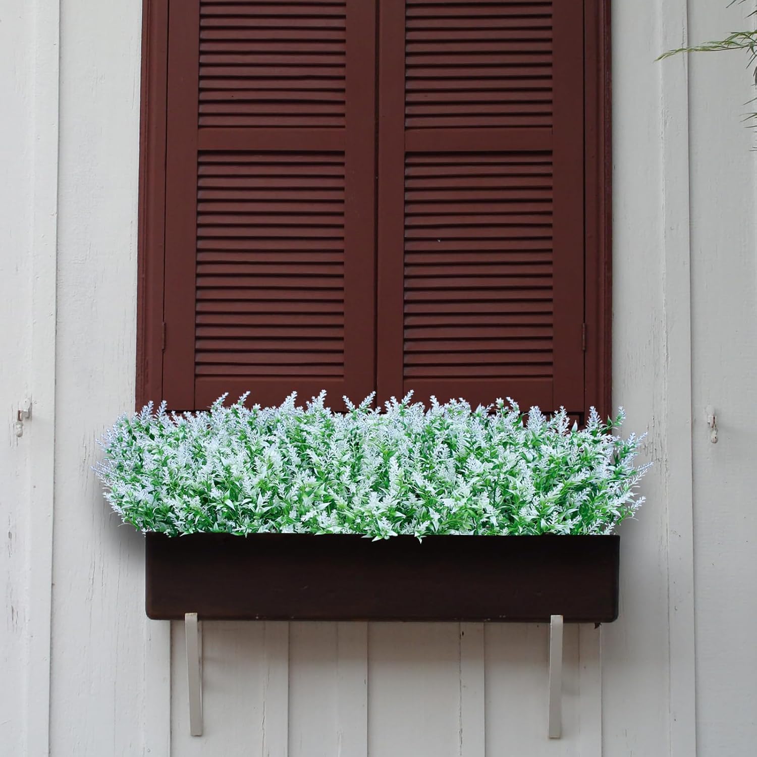 12 Bundles Artificial Lavender Fake Flowers Outdoor Uv Resistant Plants Plastic Shrubs Hanging Flowerpot Indoor Outside Windows Decorations (White)