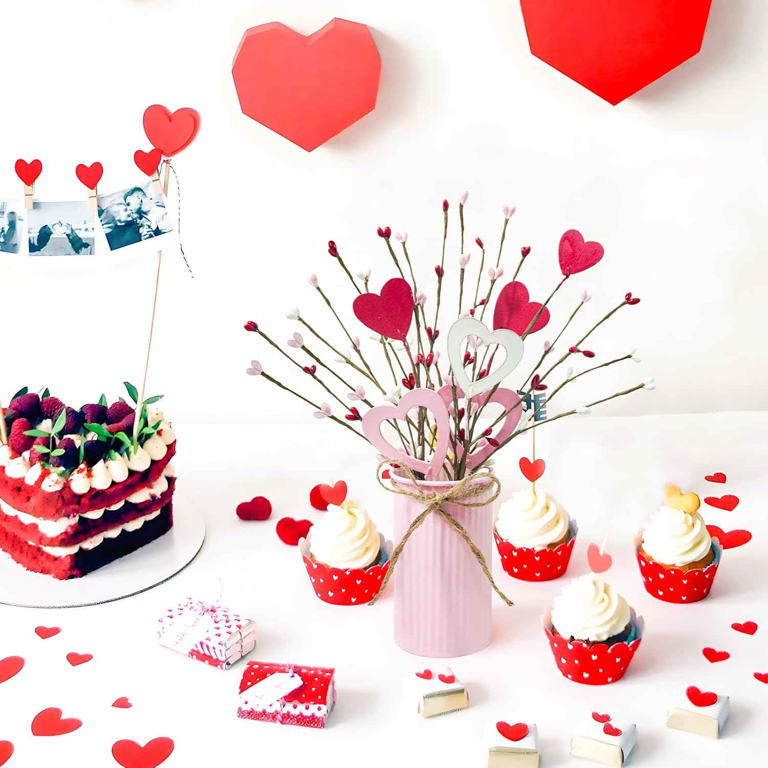 Valentines Day Decor Valentine Flowers Picks With Vase Valentines Day Artificial Berry Stems In Pink Metal Pot For Anniversary Wedding Table Centerpieces