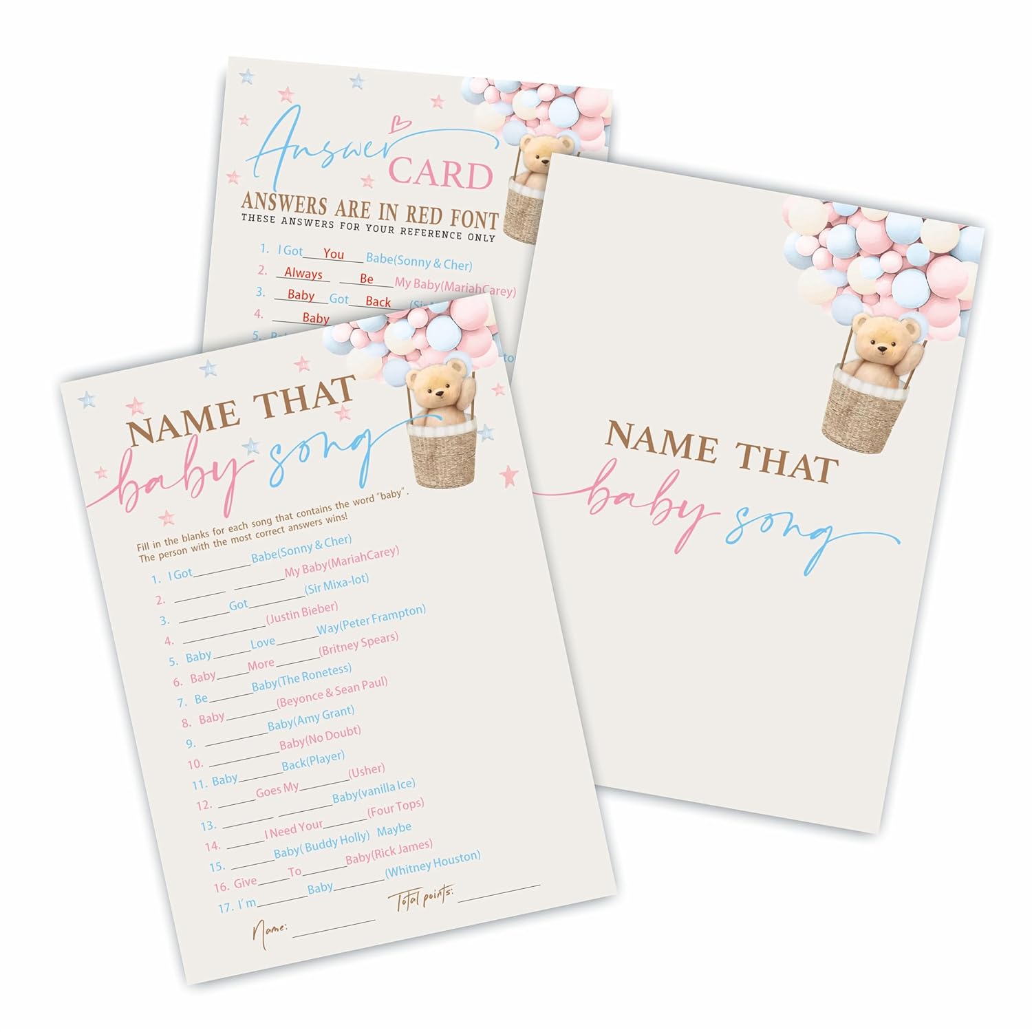 30 Name That Baby Song - Bear Hot Air Balloon Game Cards For Baby Shower Game & Activity - Bear Double-Sided Fill In Style Game Cards, Gender Neutral?Baby Shower Party Decorations - C04