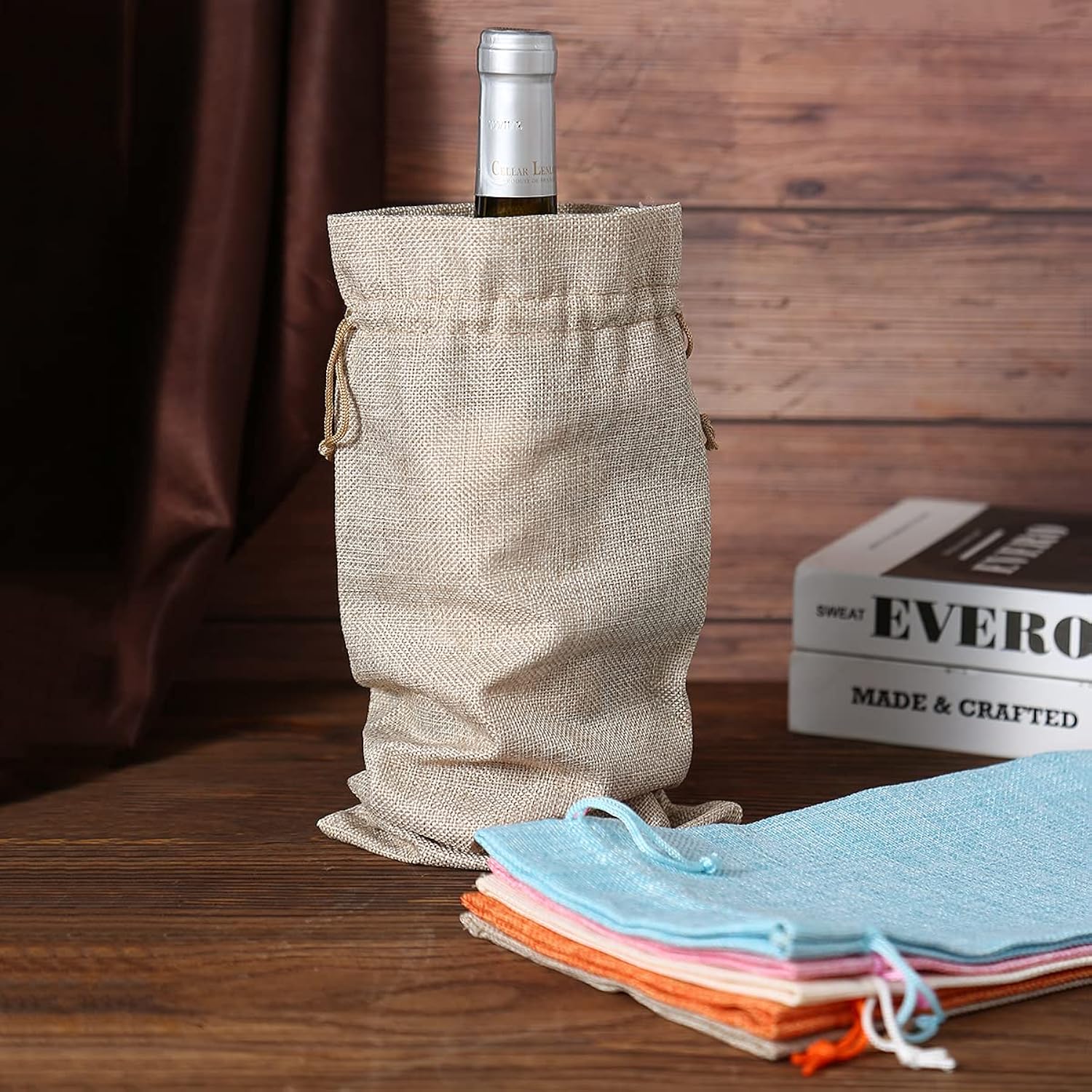 10Pcs Burlap Wine Bags With Drawstring Cream Pouches Jute Wine Bottle Bags For Wedding Party, Birthday, Christmas, Home Storage(6.29 X14.17Inches)