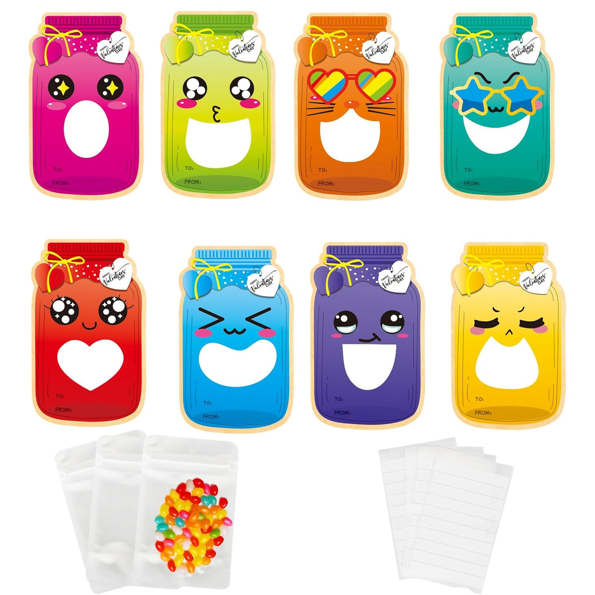 Valentines Day Cards For Kids, 32 Pack Mason Jar Happy Valentines Day Gift Cards With Transparent Candy Bags For Valentines Exchange School Classroom Party Favors Decoration Supplies