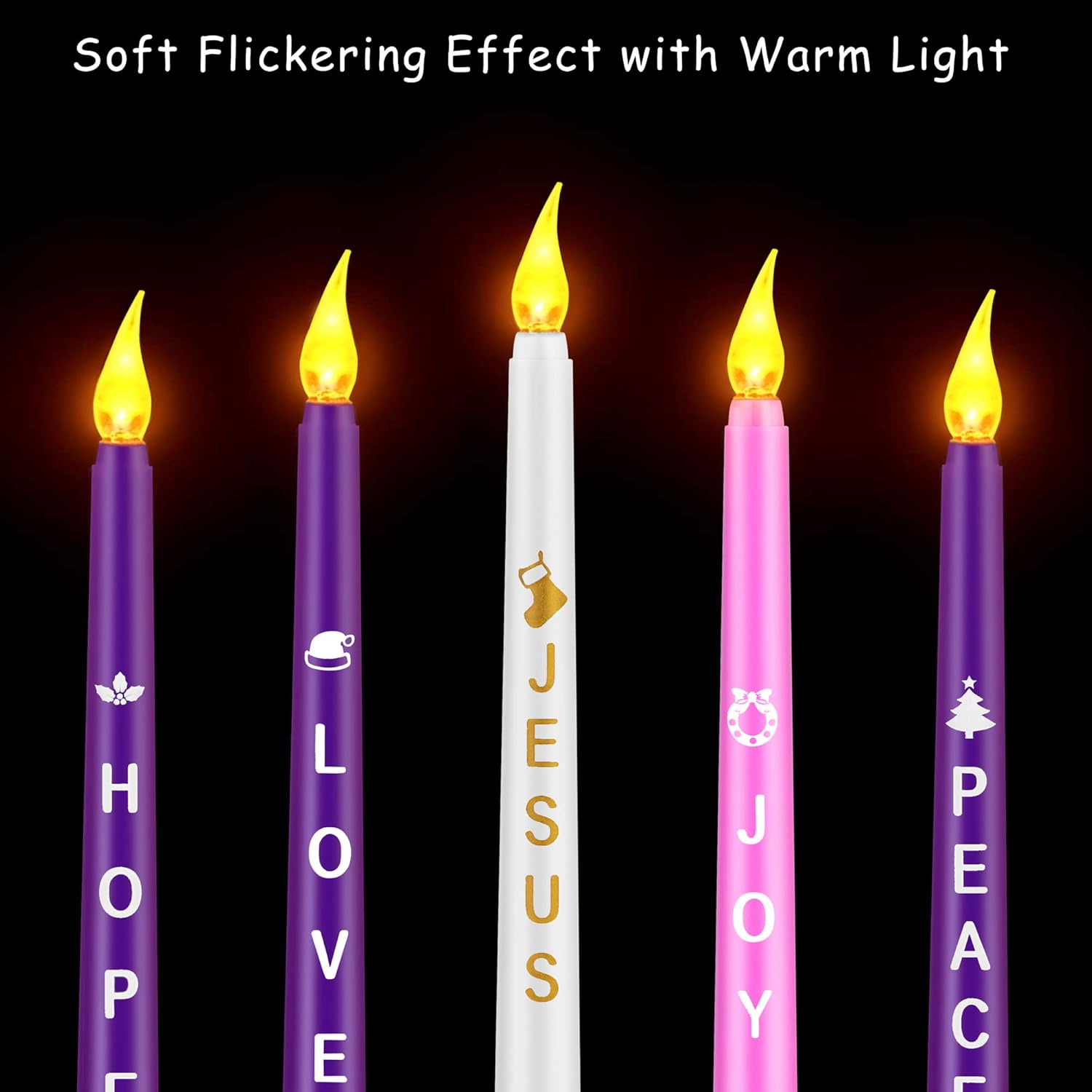 5 Pack Led Advent Candles With Words Hope Peace Love Joy Jesus - Flameless Taper Candles For Christmas Wreath Celebration Decor, Pink, Purple, White