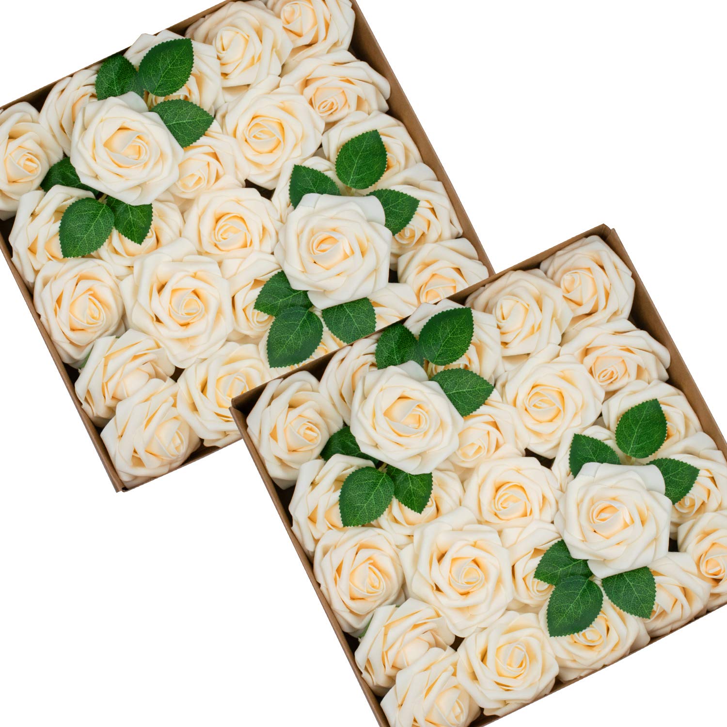 50Pcs Artificial Roses Flower Real Looking Foam Rose Fake Flowers With Stem & Leaves For Diy Wedding Bouquets Centerpieces Party Home Decorations (Cream)
