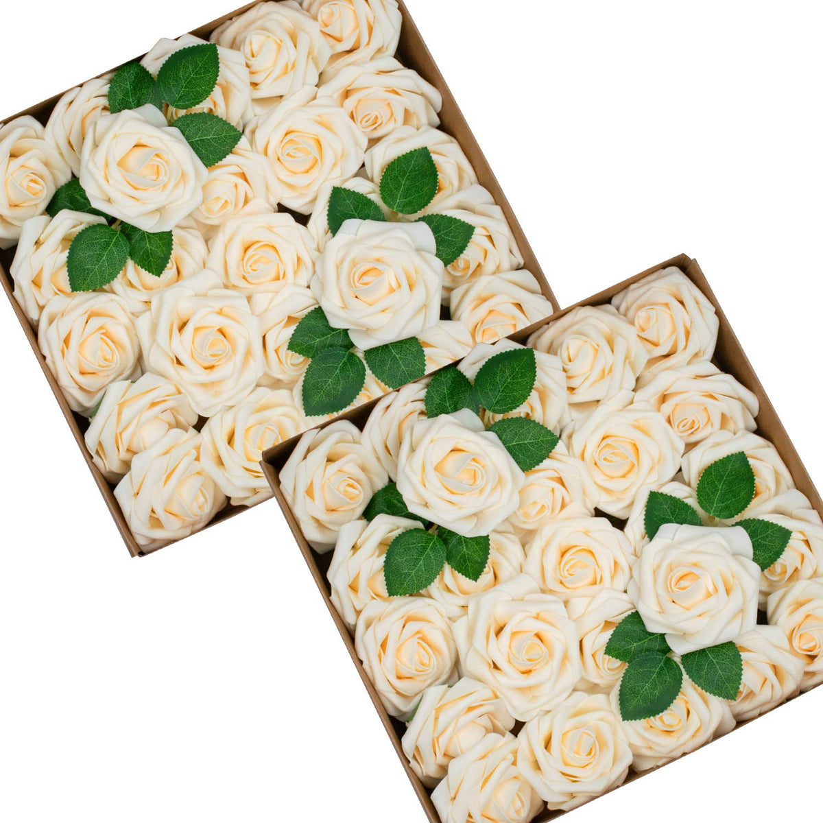 50Pcs Artificial Roses Flower Real Looking Foam Rose Fake Flowers With Stem & Leaves For Diy Wedding Bouquets Centerpieces Party Home Decorations (Cream)