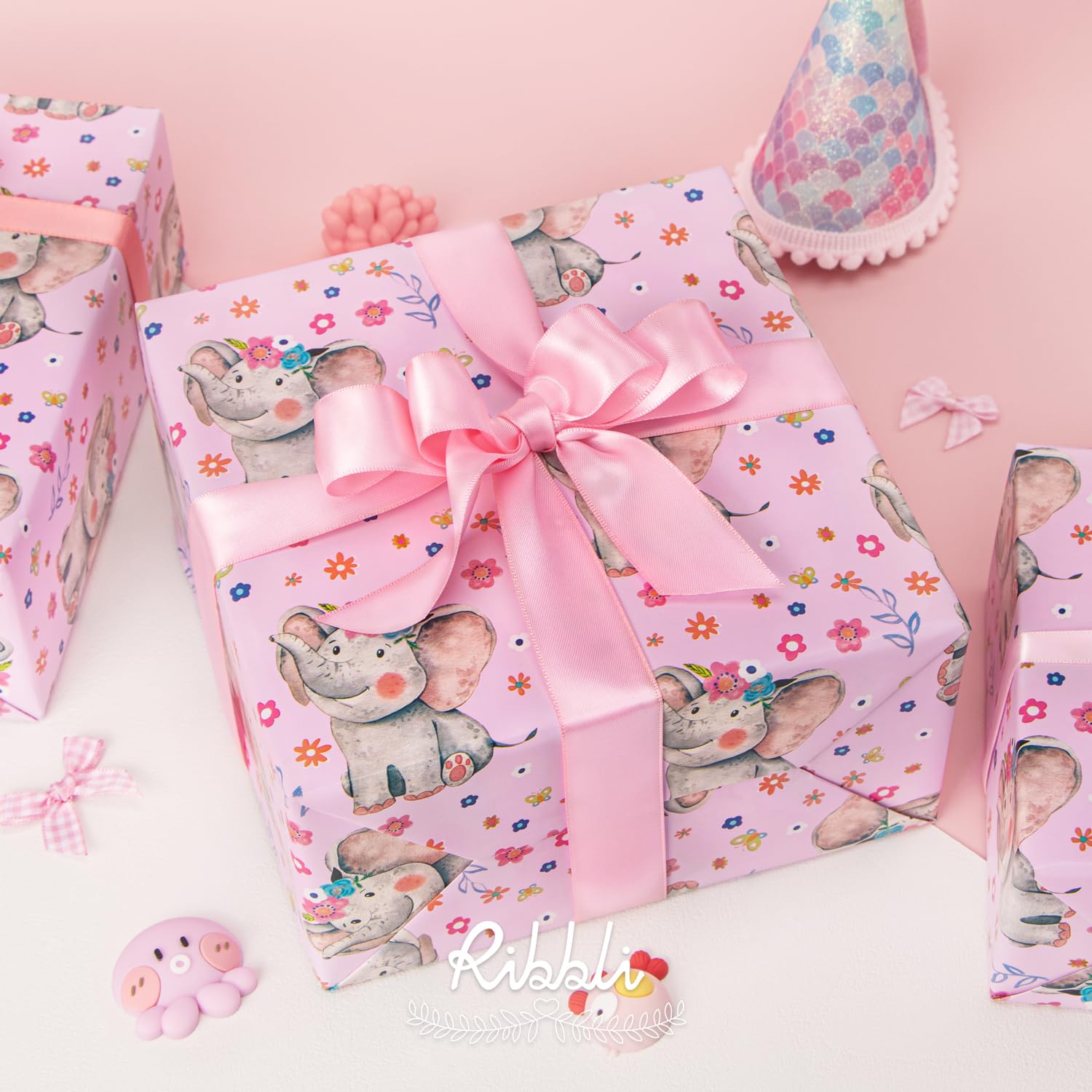 Reversible Baby Girl Wrapping Paper Elephant With Pink Polk Dots Paper For Baby Shower Kids Birthday Party - 17Inch X 394Inch(33Feet)