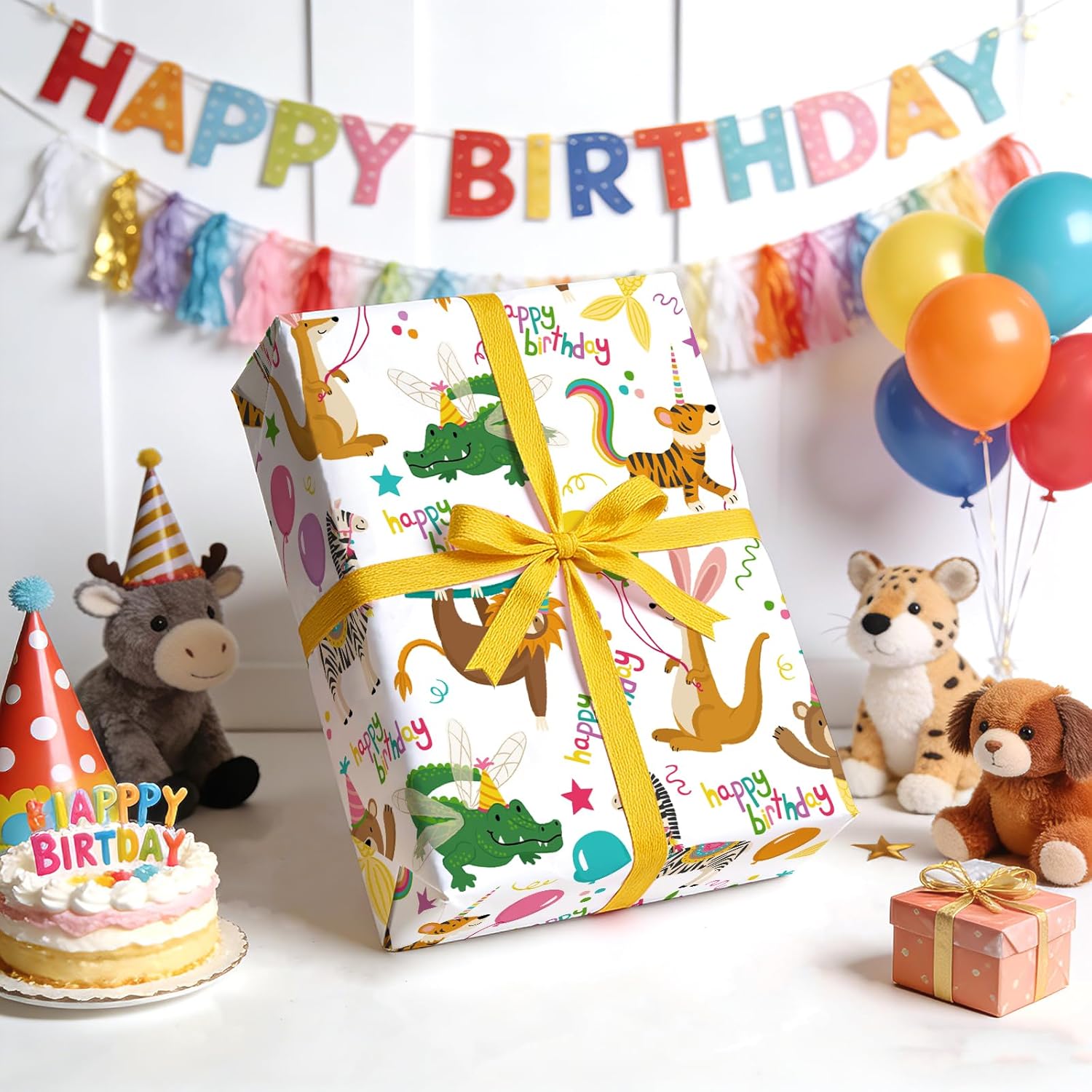 Kids Birthday Wrapping Paper Roll - Mini Roll - 17 Inch X 16.5 Feet - Cute Birthday Party Animal Wrapping Paper For Kids Boys Girls, Baby Shower, School Celebration