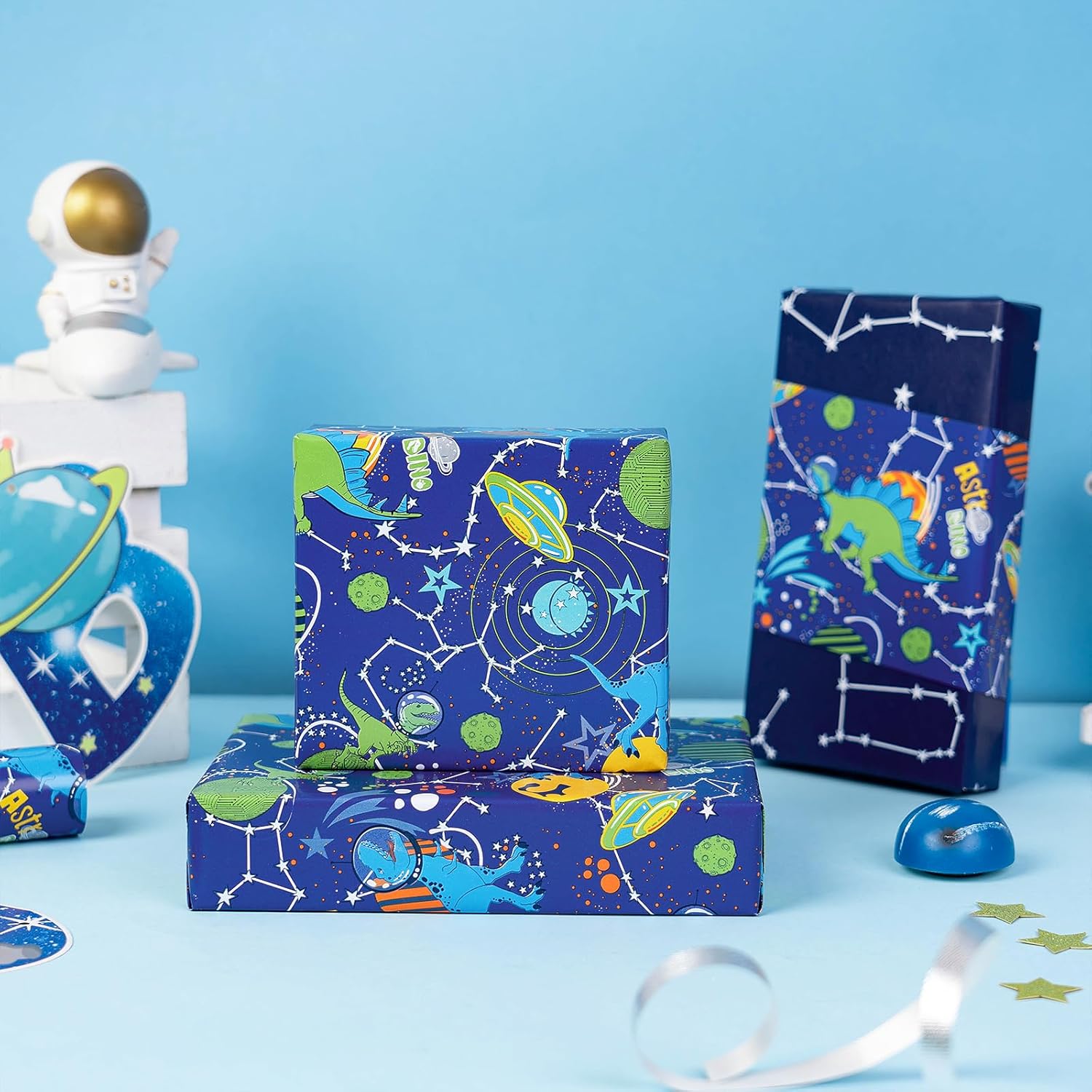Reversible Birthday Dinosaur Wrapping Paper Roll, Mini Roll, Blue Astro Dinosaur, Planets And Constellation Pattern Gift Wrap Paper For Kids Boys Birthday, Space Party, 17 Inches X 16.4 Feet