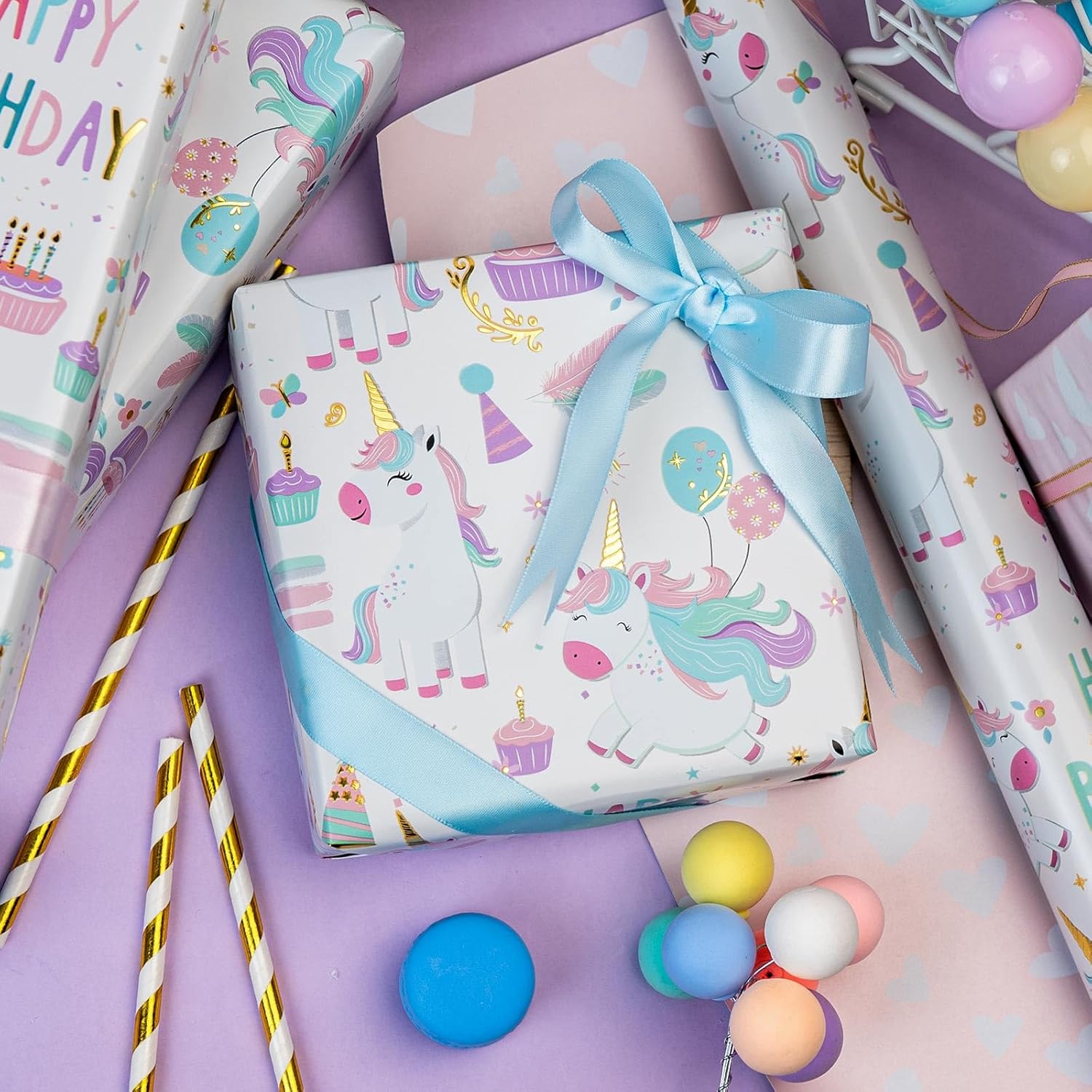 Unicorn Wrapping Paper For Girl, 17 Inch X 33 Feet Birthday Gift Wrap Featuring Gold Corn Reversible Heart For Princess Kids Baby Shower