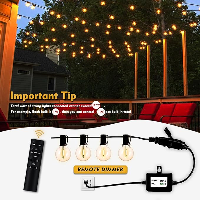 120W Remote Dimmer Timer Plug In Controller for Outdoor String Lights Patio Lights and LED Lamp