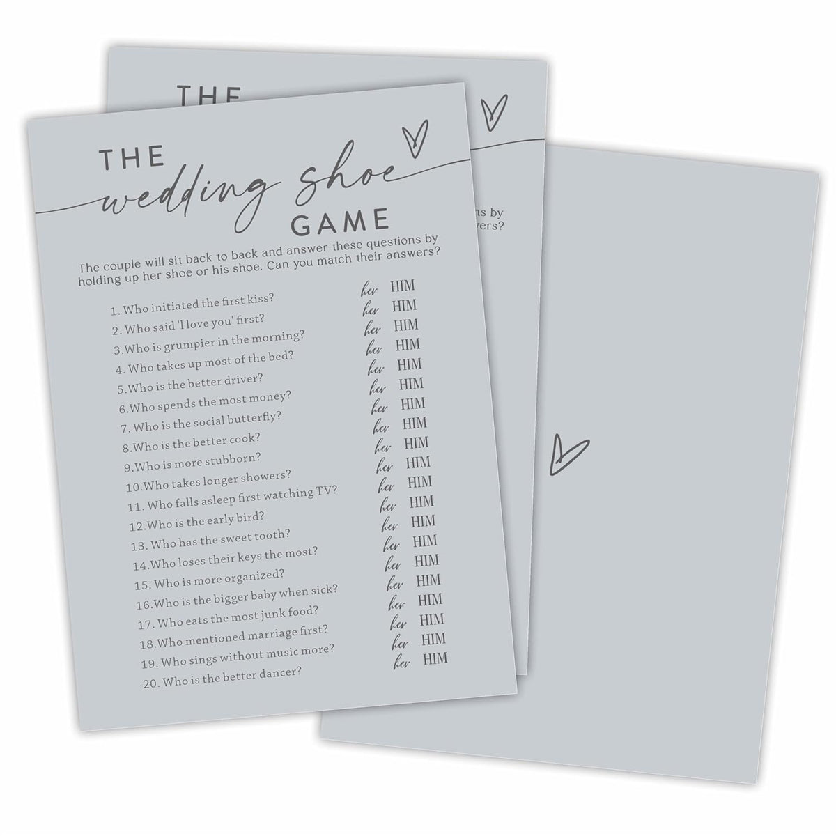 30 Pcs The Wedding Shoe Game Cards For Wedding Party, Minimalism Bridal Shower, Mr & Mrs, Newlyweds, Engagement Party Favor & Supplies(Gray) -A03