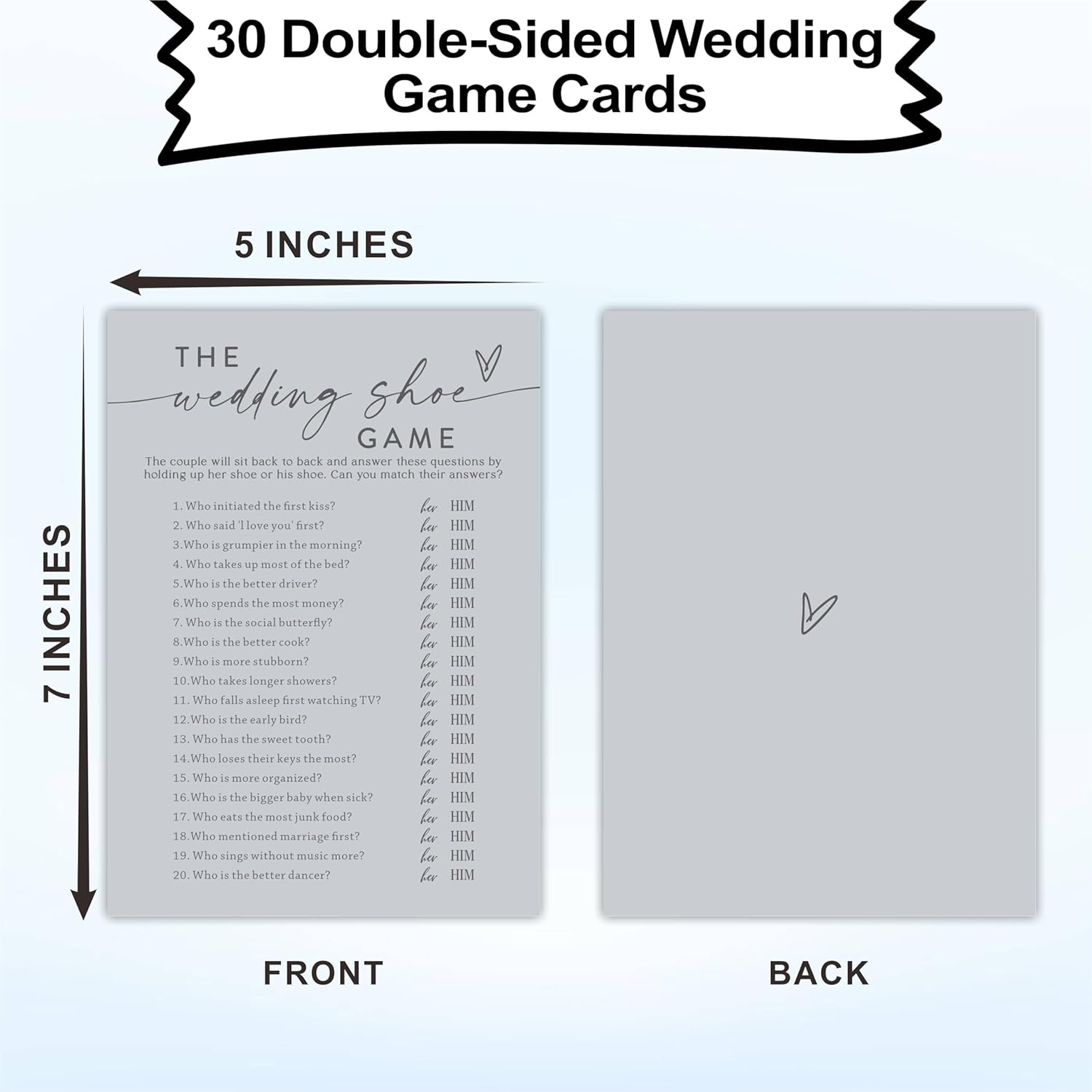 30 Pcs The Wedding Shoe Game Cards For Wedding Party, Minimalism Bridal Shower, Mr & Mrs, Newlyweds, Engagement Party Favor & Supplies(Gray) -A03