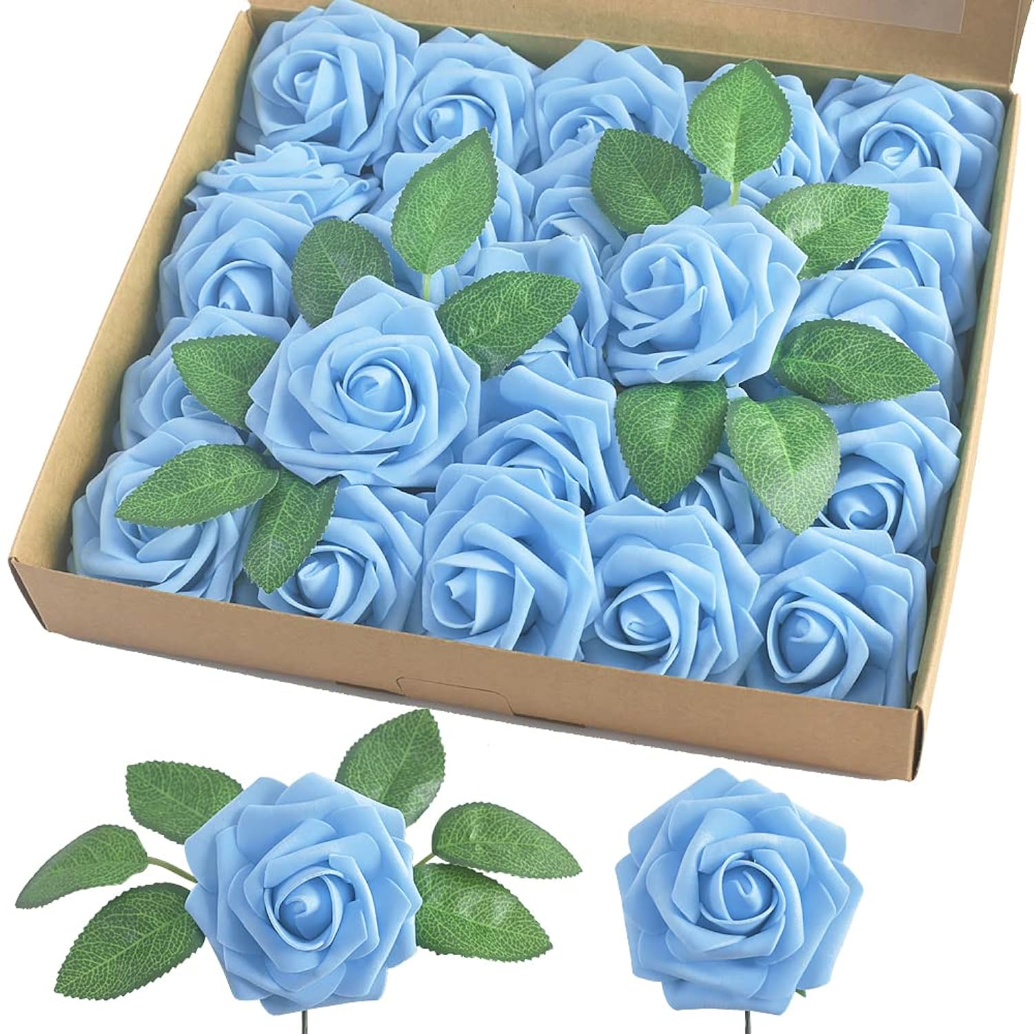 Artificial Rose, 25Pcs Foam Artificial Flowers With Stem For Home Decorations, Wedding Bouquets, Party, Certerpieces, Anniversaries-Aqua Blue