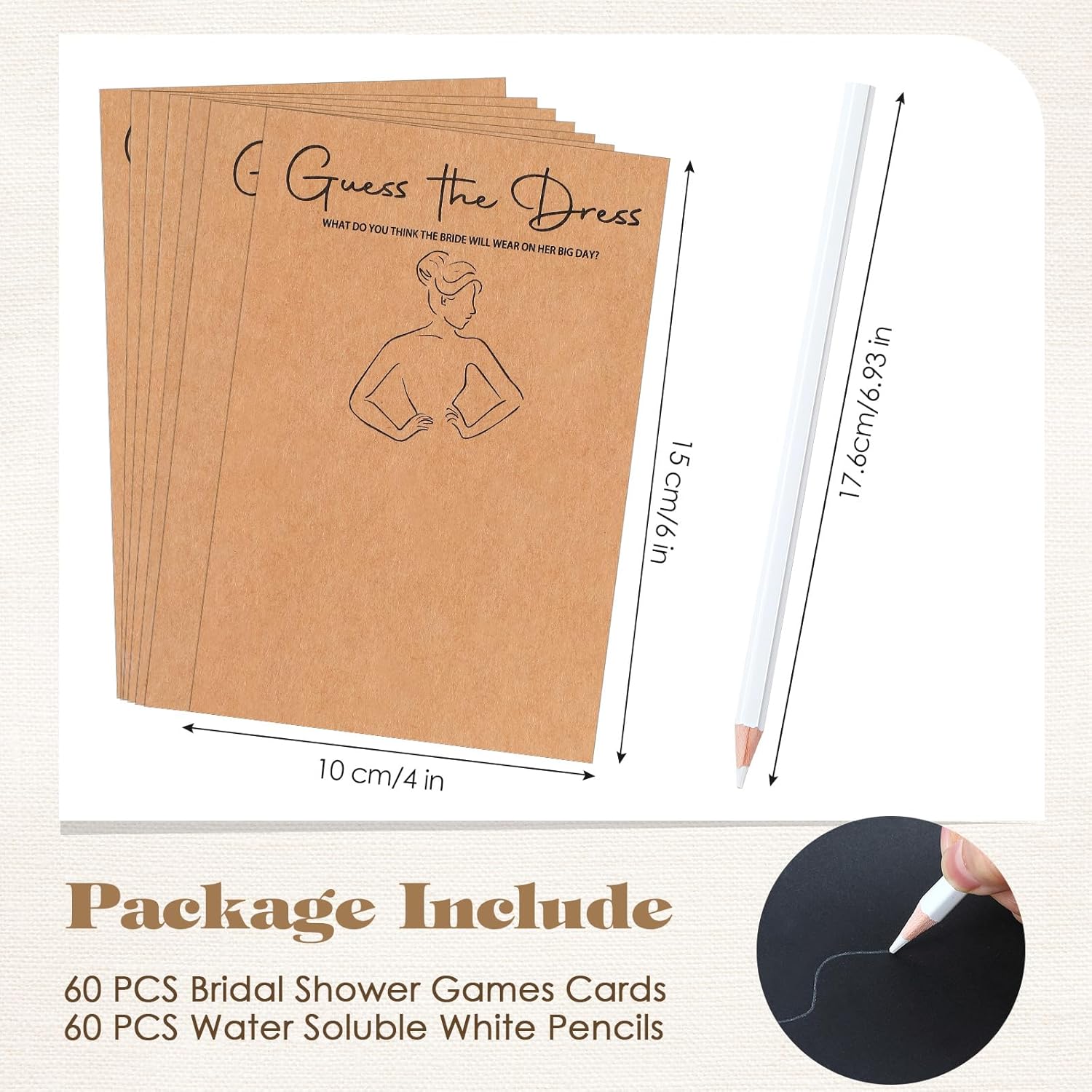 60 Sets Guess The Dress Bridal Shower Games For Guests Include 60 Pcs Wedding Shower Games Cards And 60 Pcs Pencils Fun Wedding Party Supplies Games Ideas (Brown,Long Pencil)
