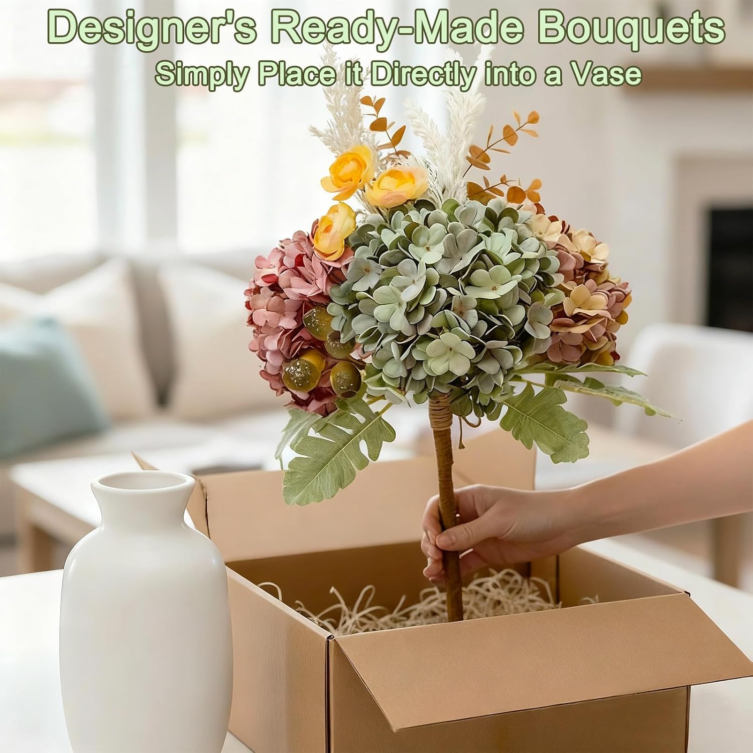 Hydrangea Artificial Flowers Bouquet, Pre-Arranged Fake Flowers Bouquet With Ranunculus, Eucalyptus, Pampas, Real Touch Silk Flowers For Centerpiece Shelf Table Wedding Home Decor