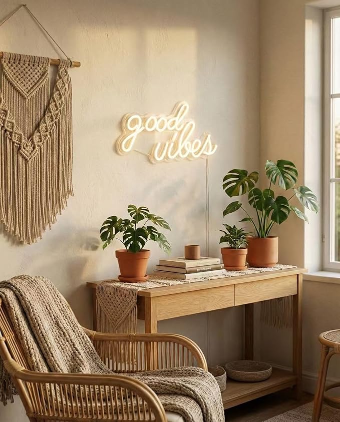 Good Vibes Neon Sign Warm White Boho LED Wall Light for Living Room Wedding Decor