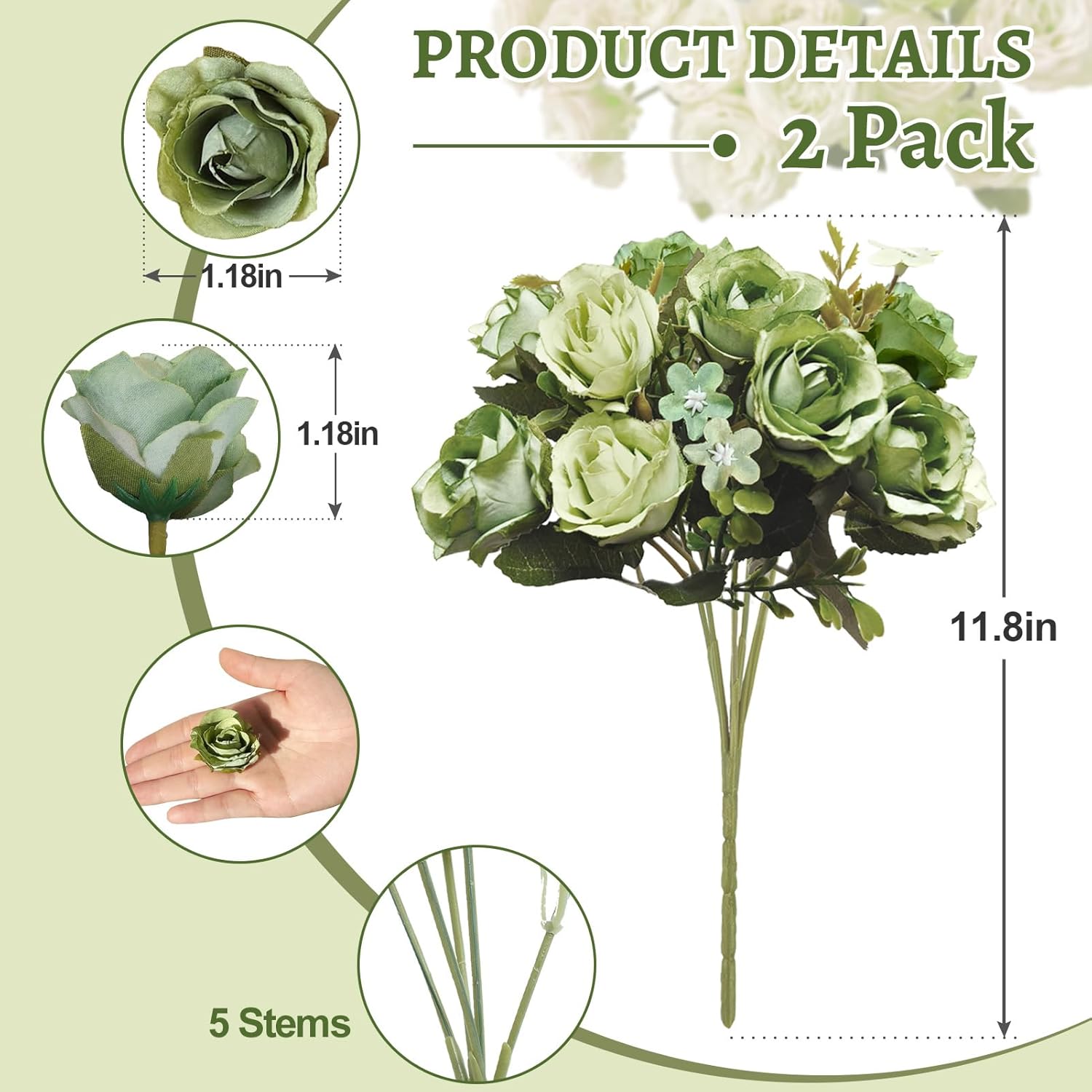 5 Stems 10 Heads Artificial Flowers Small Roses With Leaf Bouquet For Valentines Decoration Kitchen Wedding Office (2 Pack, Green)